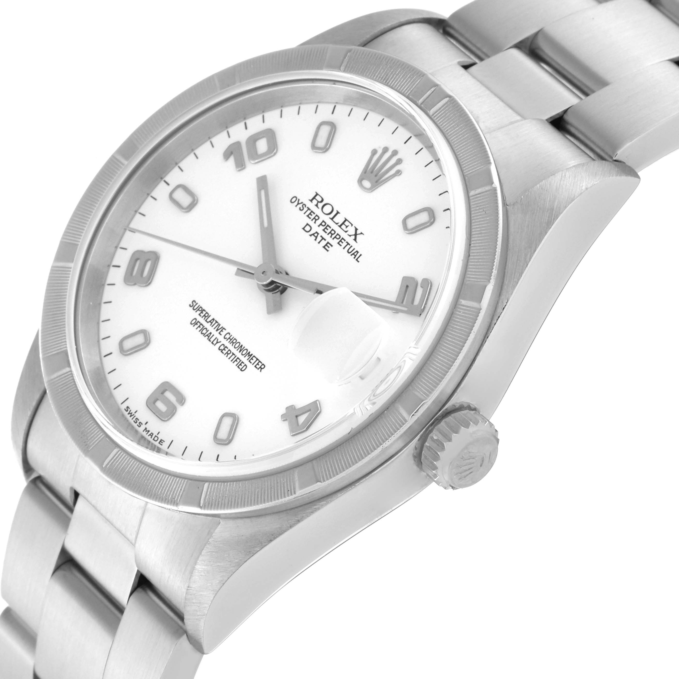 The image shows a close-up angled view of the Rolex Date 15210 Men's Stainless Steel White Dial 15210 Men's Stainless Steel White Dial watch, displaying its face, crown, and part of the bracelet.