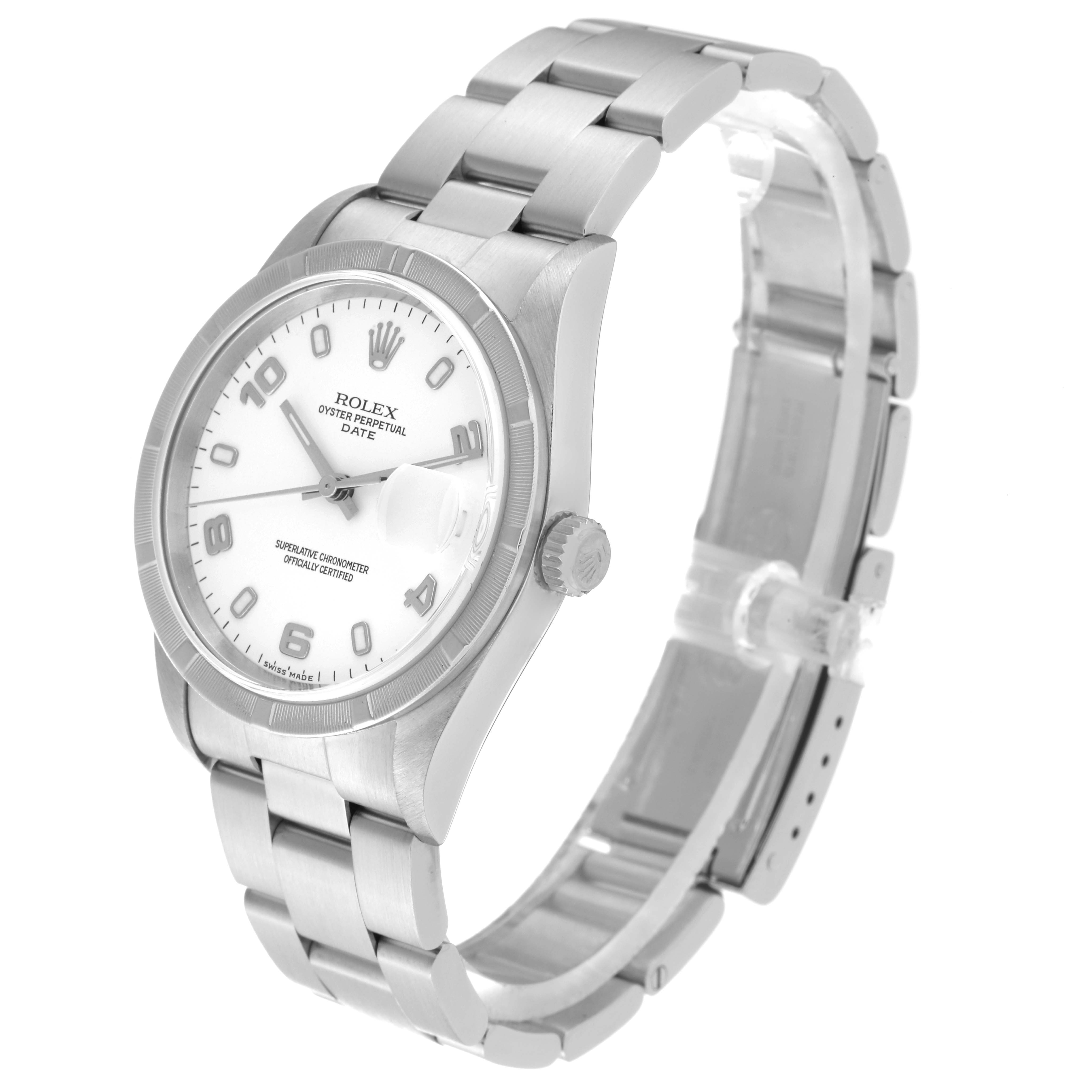 The Rolex Date 15210 Men's Stainless Steel White Dial 15210 Men's Stainless Steel White Dial watch is shown at a three-quarter angle, displaying its face, bracelet, and crown.