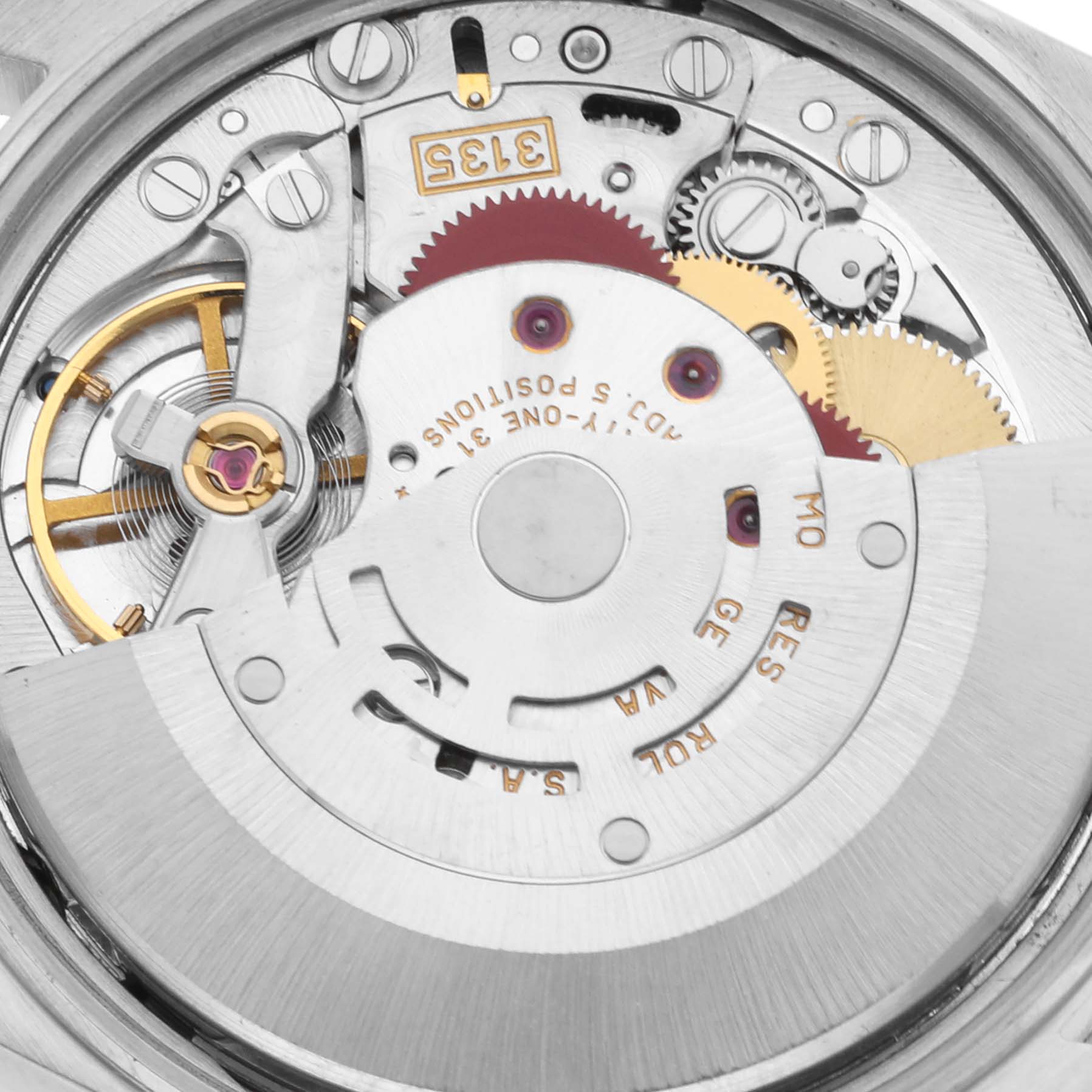 This is a close-up view of the movement mechanism of a Rolex Date 15210 Men's Stainless Steel White Dial 15210 Men's Stainless Steel White Dial model watch.