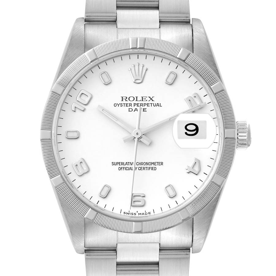 The image shows a front view of the Rolex Oyster Perpetual Date watch, highlighting its dial, bezel, and bracelet.