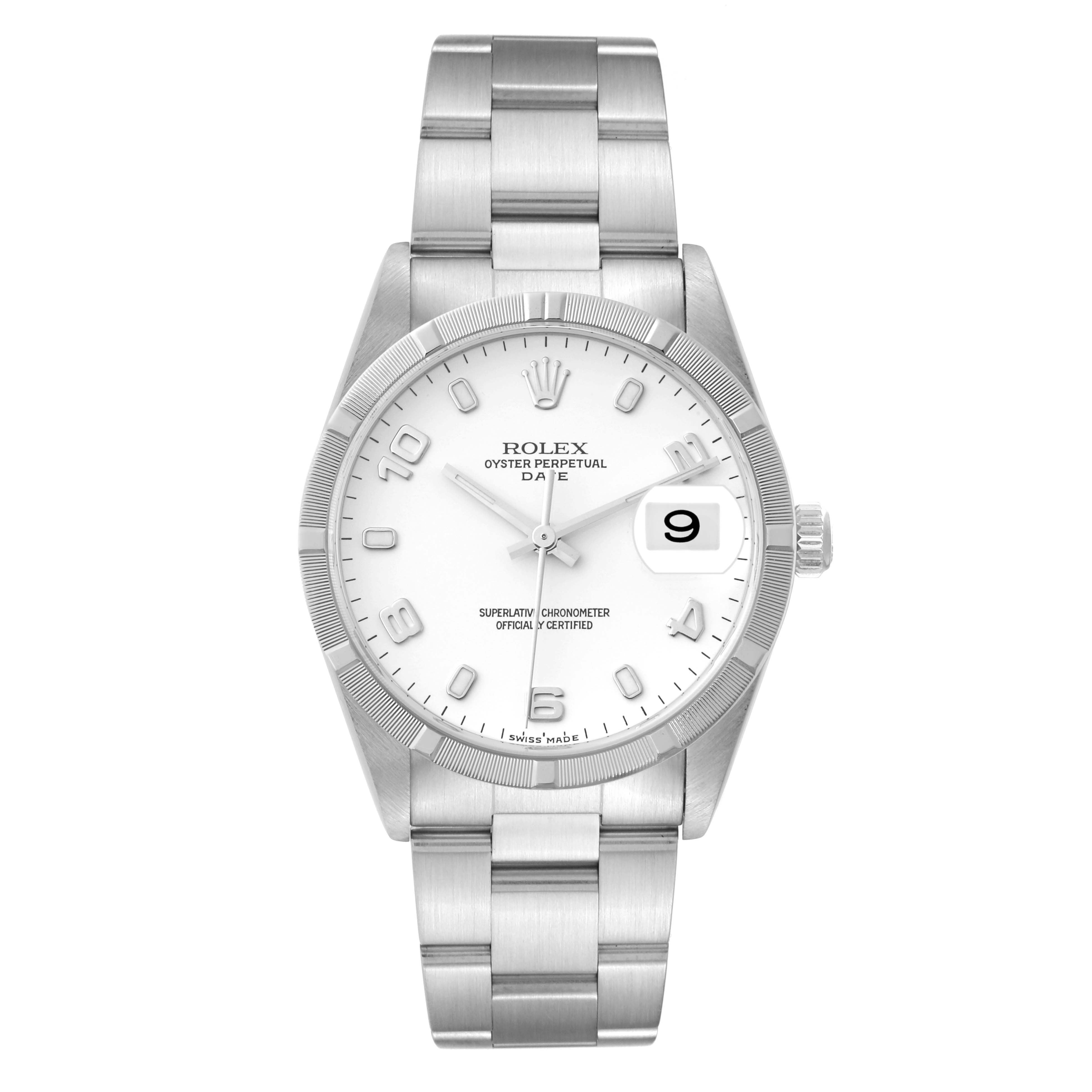 The image shows a Rolex Date 15210 Men's Stainless Steel White Dial 15210 Men's Stainless Steel White Dial model watch from a front angle, highlighting the dial, bracelet, and date display.