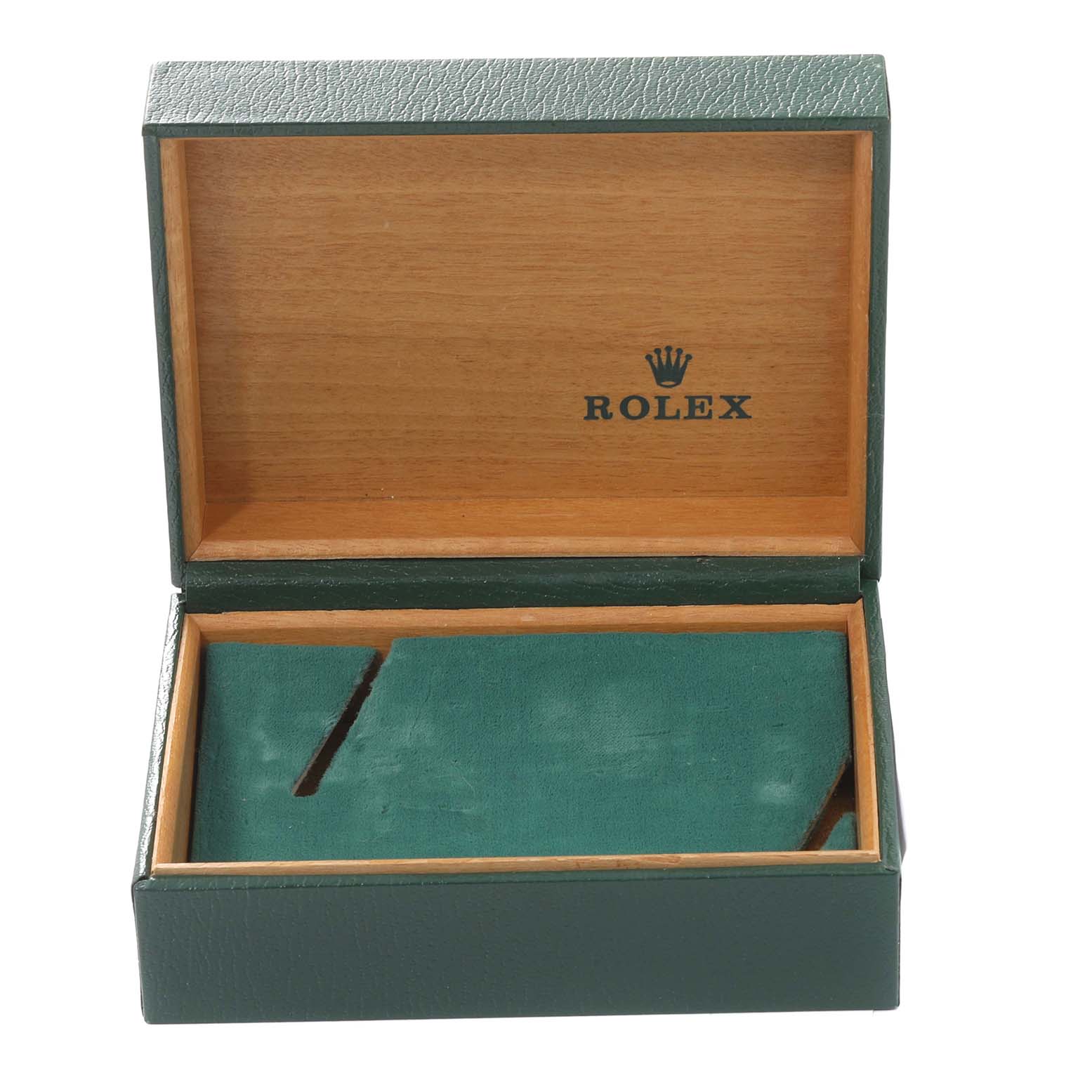 This image shows an open Rolex watch box for the Date model, highlighting the interior lining and the brand logo.