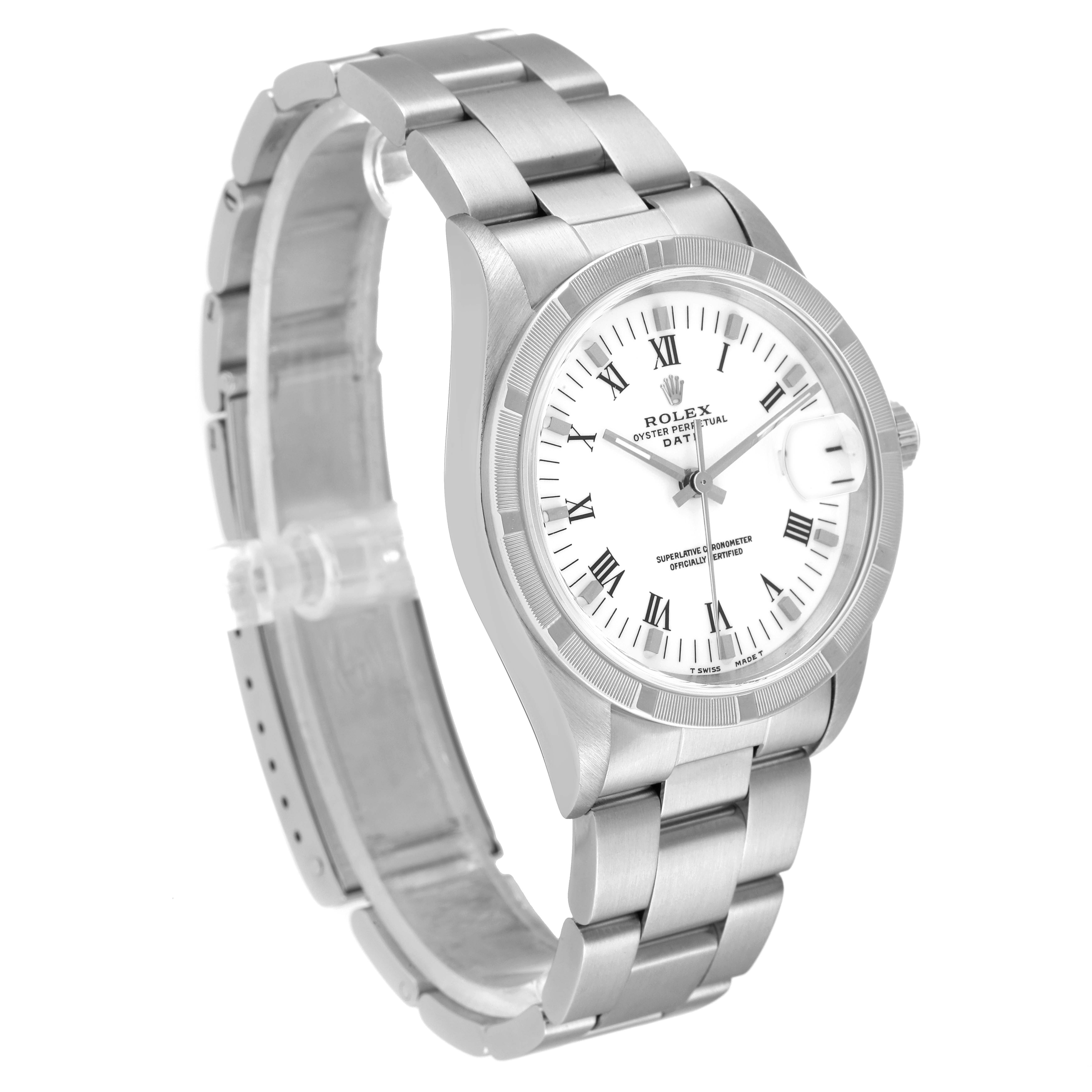 This image shows a side angle view of a Rolex Date 15210 Men's Stainless Steel White Dial 15210 Men's Stainless Steel White Dial model watch, highlighting the bracelet, bezel, and dial.