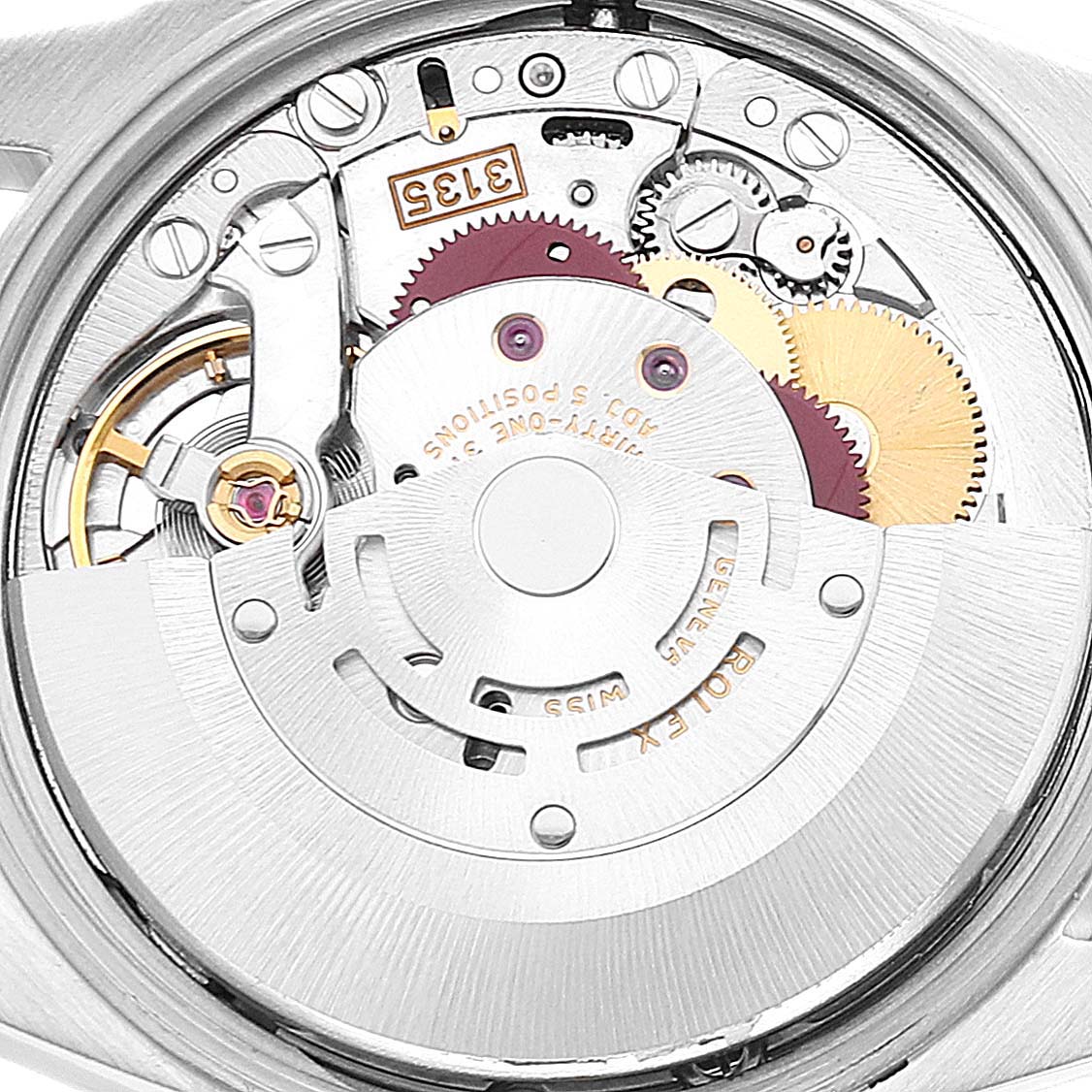This image shows the detailed internal mechanism of a Rolex Date 15210 Men's Stainless Steel White Dial 15210 Men's Stainless Steel White Dial model watch from a rear angle.