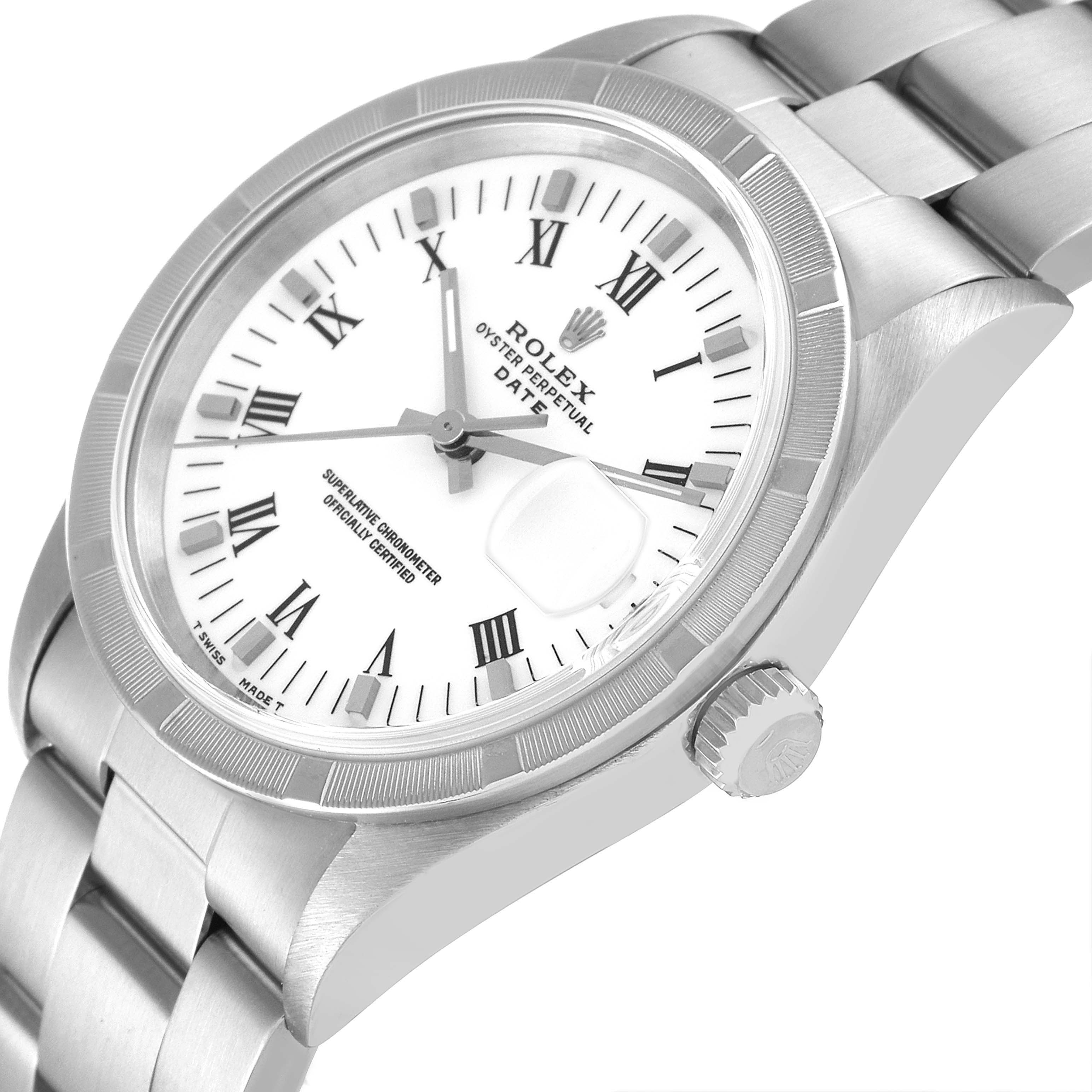 This image shows a Rolex Date 15210 Men's Stainless Steel White Dial 15210 Men's Stainless Steel White Dial watch at an angled view highlighting the dial, bezel, crown, and part of the bracelet.