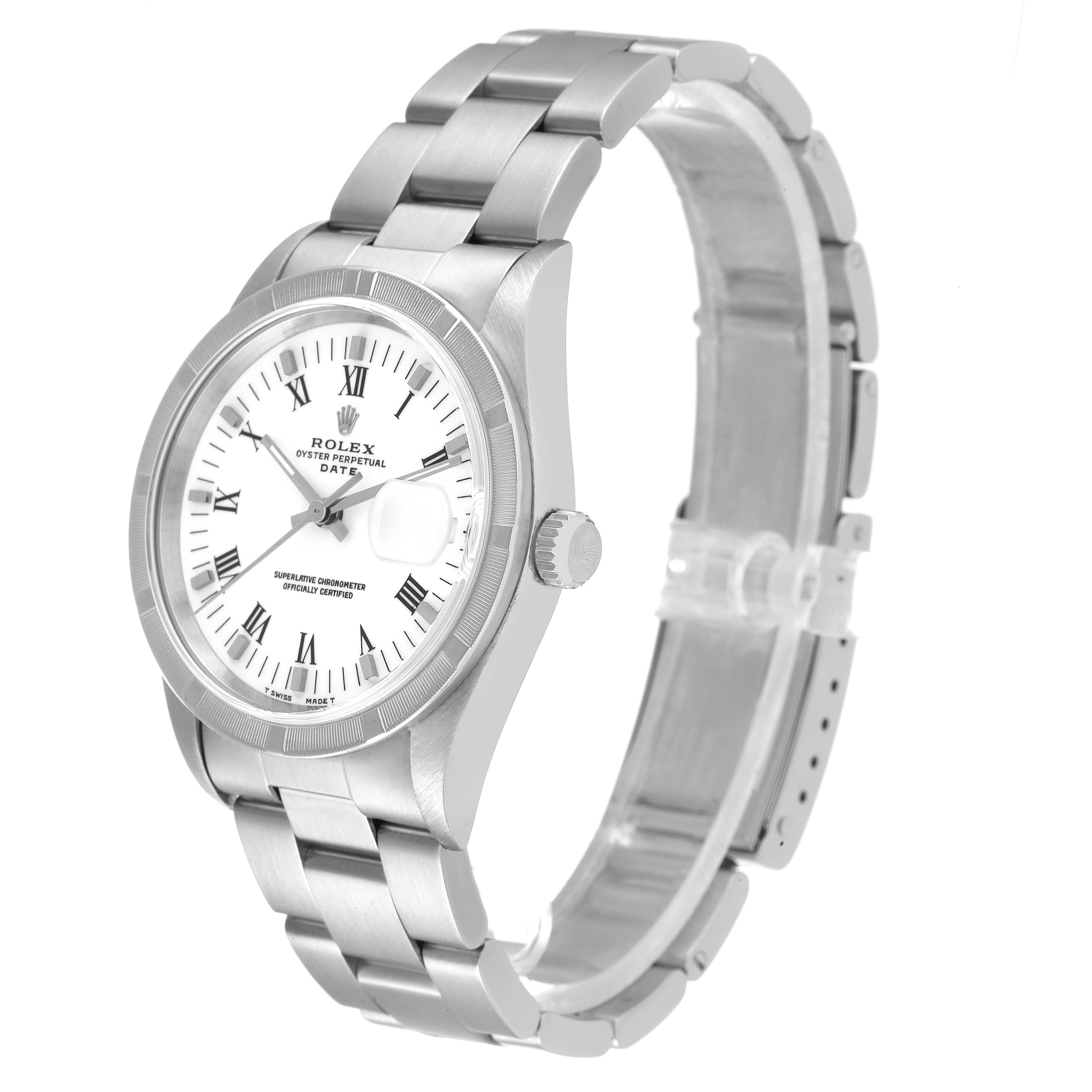 The Rolex Date 15210 Men's Stainless Steel White Dial 15210 Men's Stainless Steel White Dial model watch is shown at a three-quarter angle, displaying the face, bezel, crown, and bracelet.