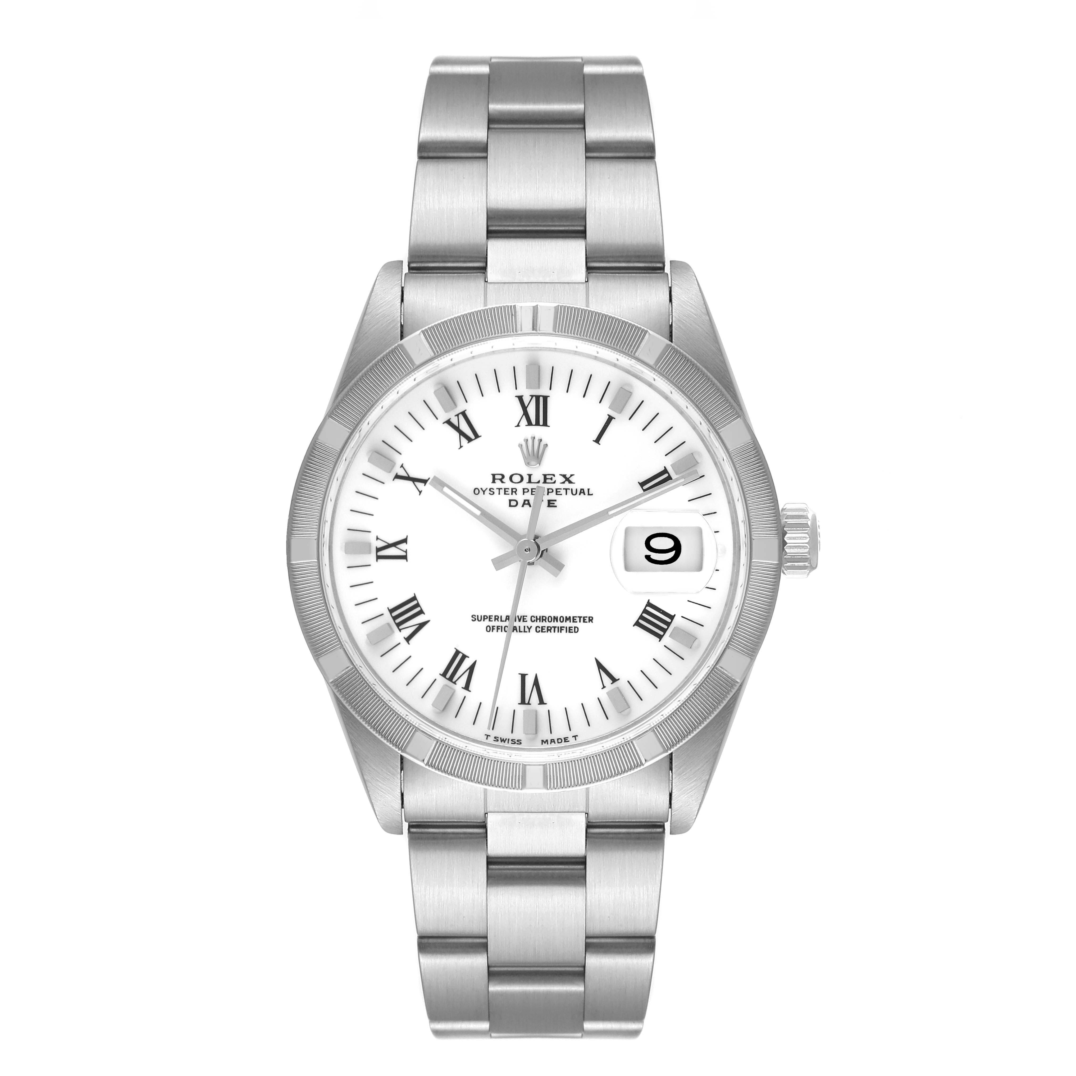 The Rolex Date 15210 Men's Stainless Steel White Dial 15210 Men's Stainless Steel White Dial model watch is shown from the front, featuring its dial, bezel, bracelet, and date window at 3 o'clock.