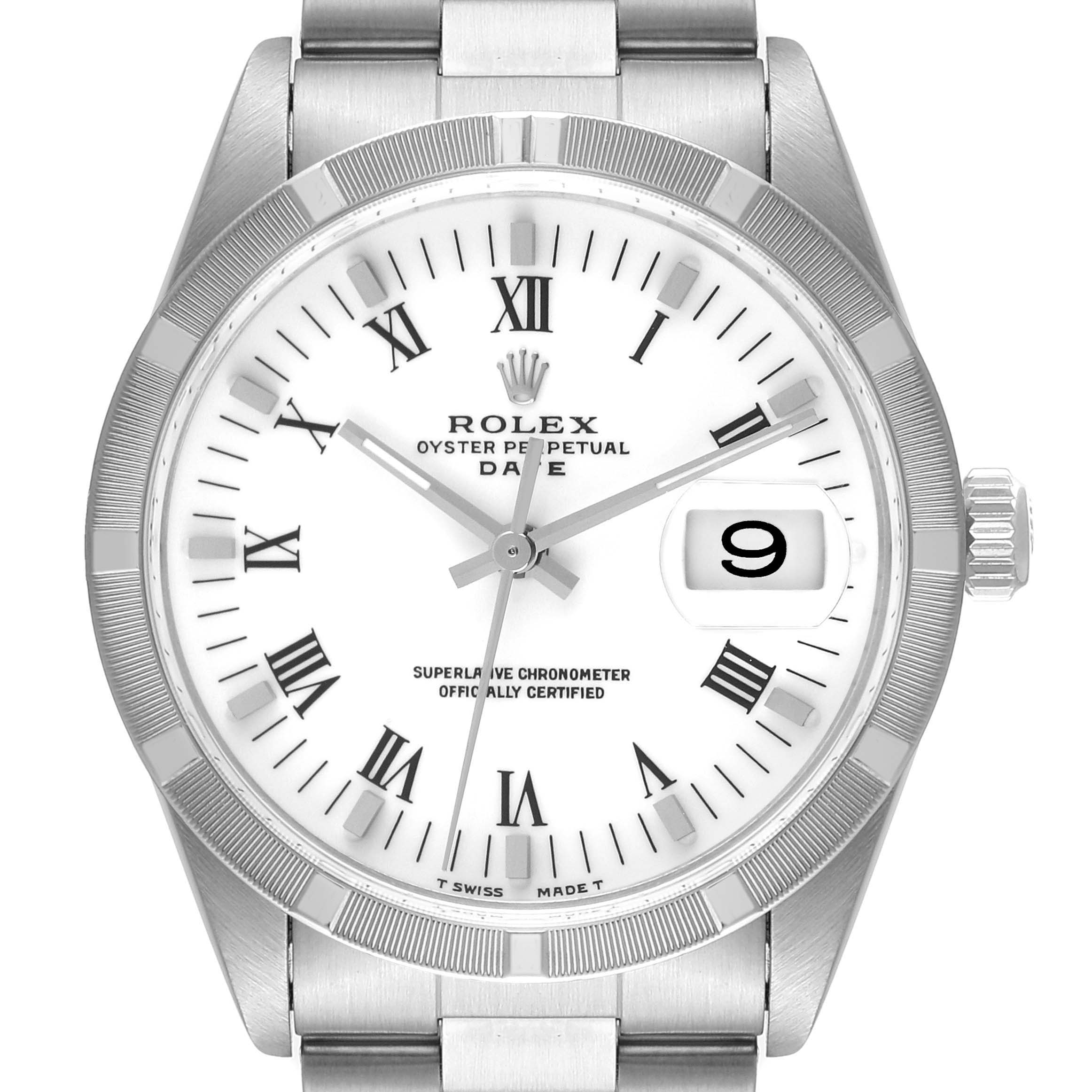 The image shows a front view of a Rolex Date 15210 Men's Stainless Steel White Dial 15210 Men's Stainless Steel White Dial model watch, highlighting the dial, bezel, and bracelet.