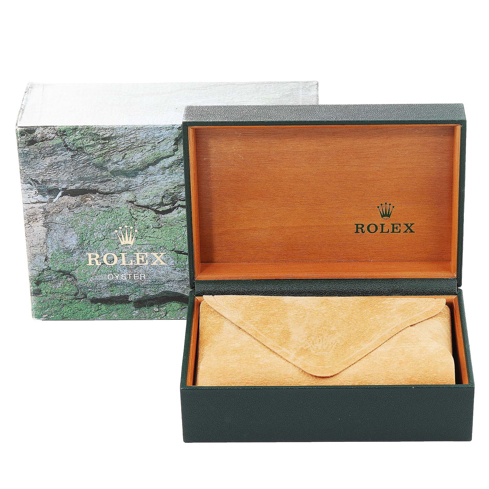 This image shows a Rolex Date 15210 Men's Stainless Steel White Dial 15210 Men's Stainless Steel White Dial model watch box and cover, including an outer cardboard box and an inner suede envelope.