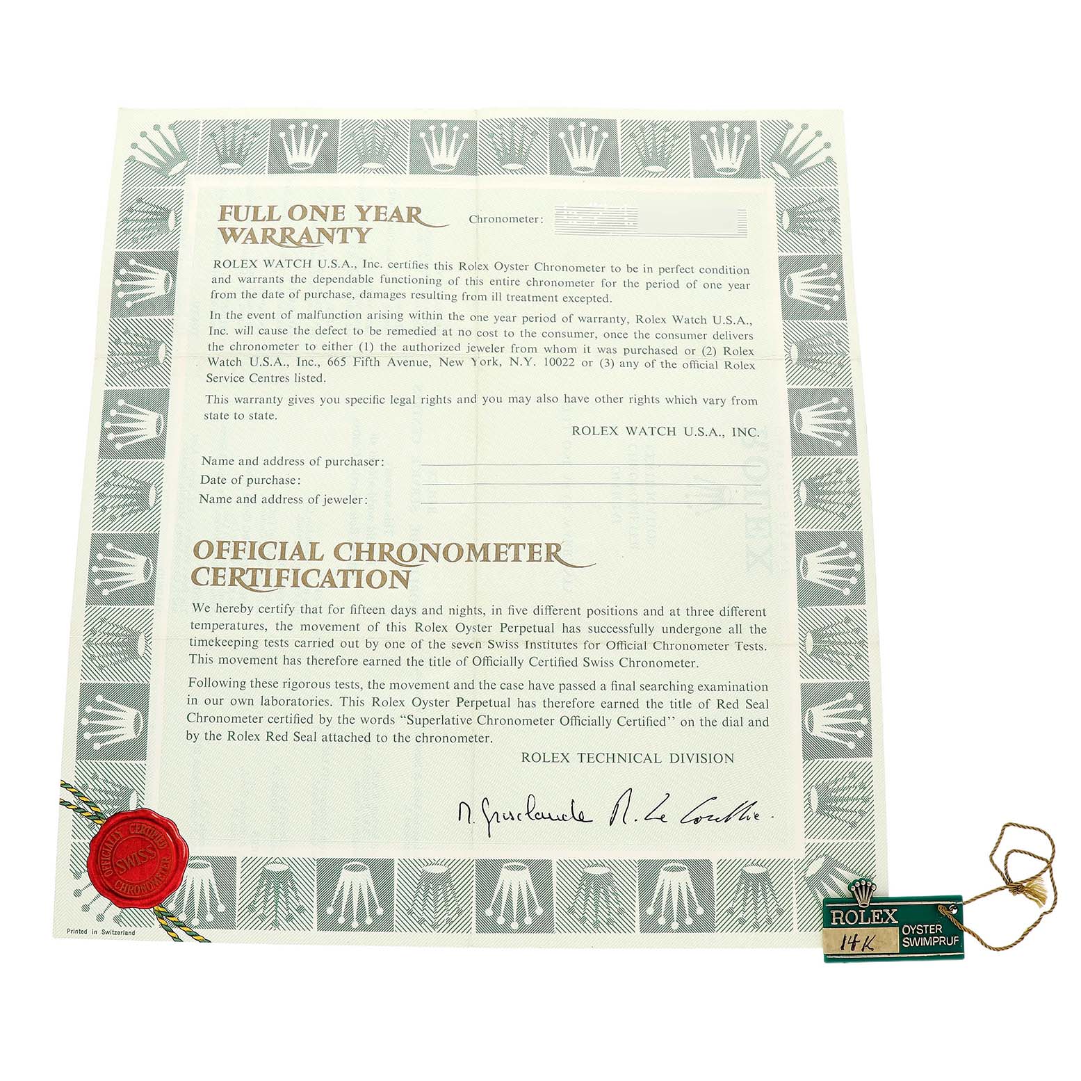 The image shows the warranty and chronometer certification documents for a Rolex Date 15037 Men's Yellow Gold Champagne Dial model watch, along with a tag and seal.