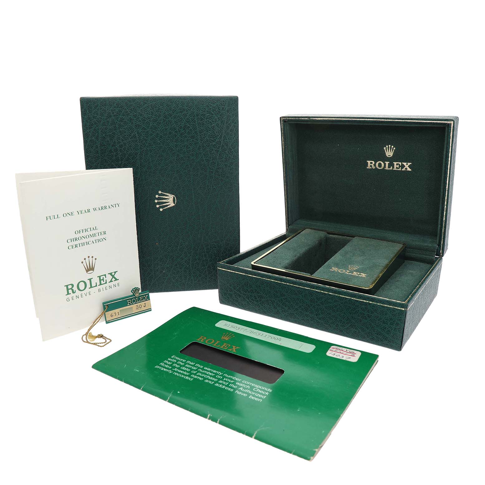 The image shows a Rolex Date 15037 Men's Yellow Gold Champagne Dial model watch box, warranty booklet, and certification card, all viewed from the front.