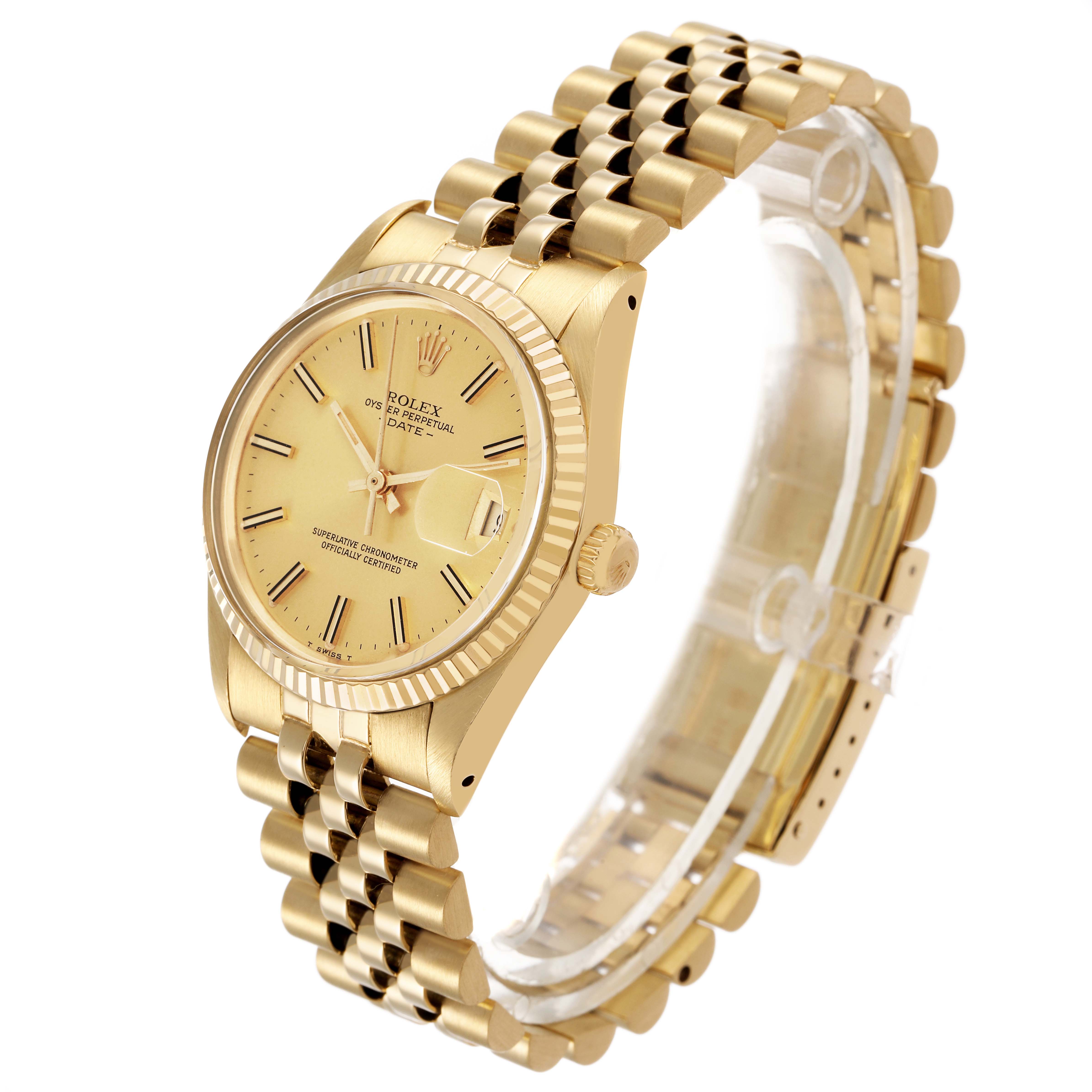 The Rolex Date 15037 Men's Yellow Gold Champagne Dial watch is shown at a three-quarter angle, displaying the dial, case, bezel, and bracelet.