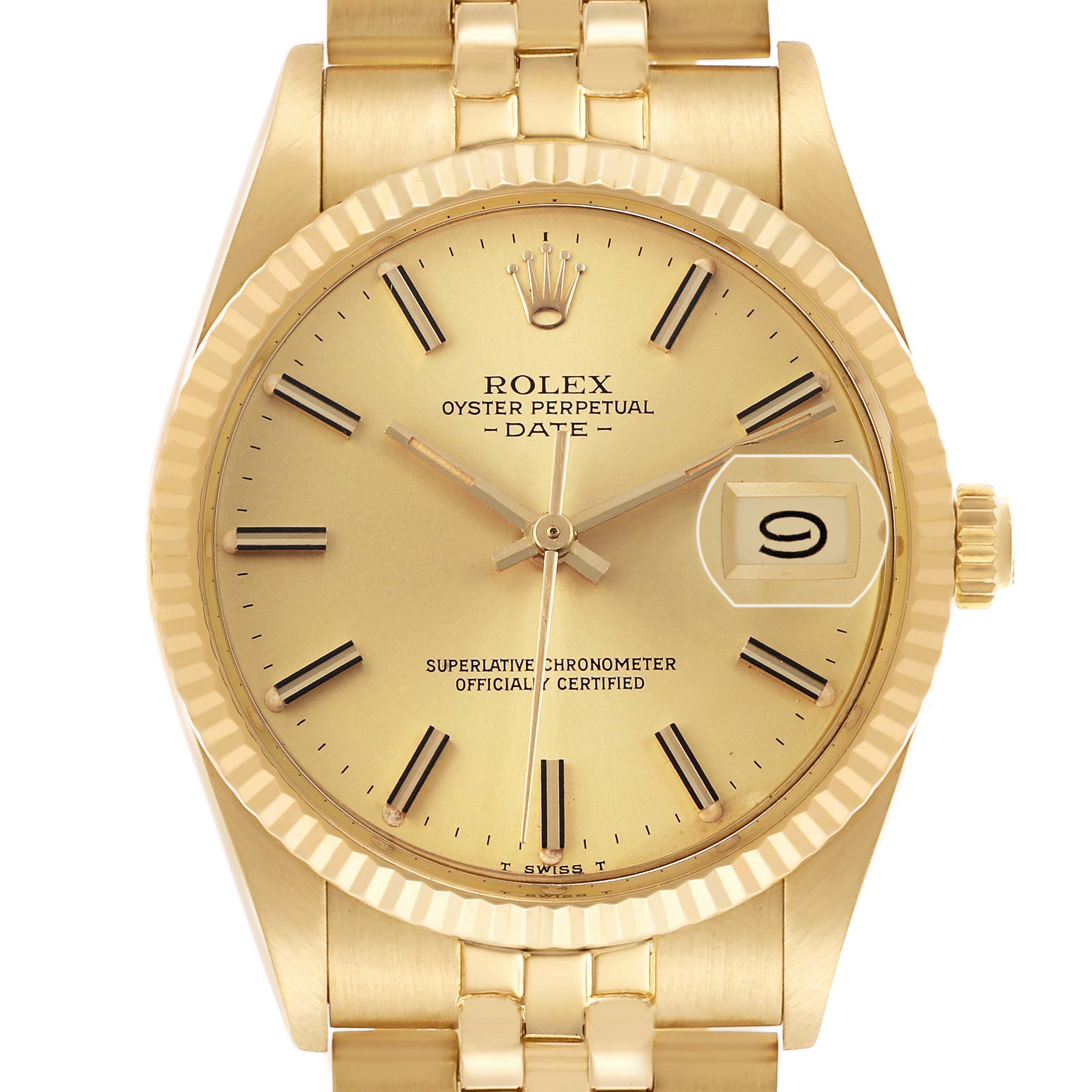 The Rolex Date 15037 Men's Yellow Gold Champagne Dial model watch is shown from a frontal angle, displaying the dial, bezel, crown, and part of the bracelet.
