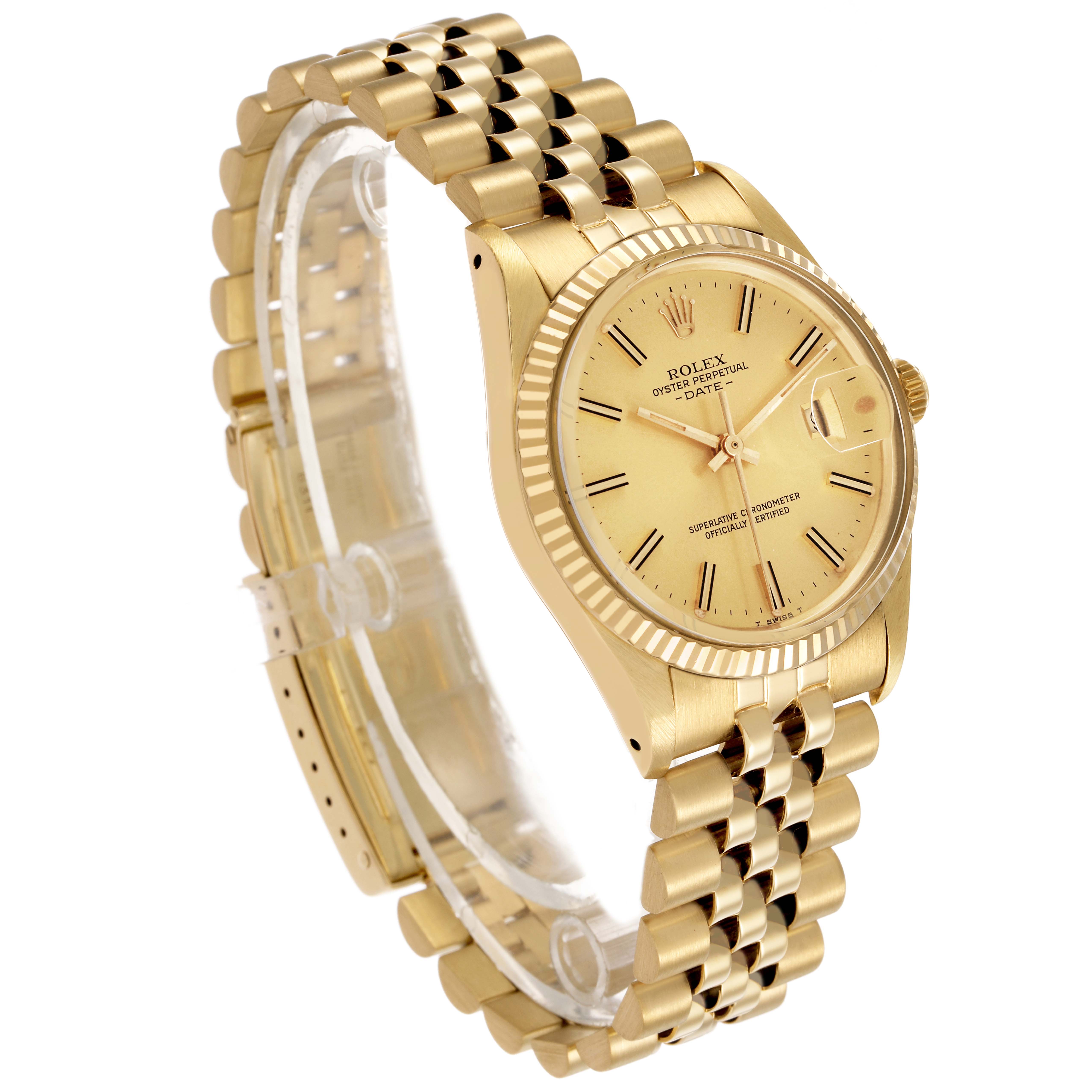 The Rolex Date 15037 Men's Yellow Gold Champagne Dial watch is shown at a three-quarter angle, highlighting the dial, fluted bezel, bracelet, and crown.