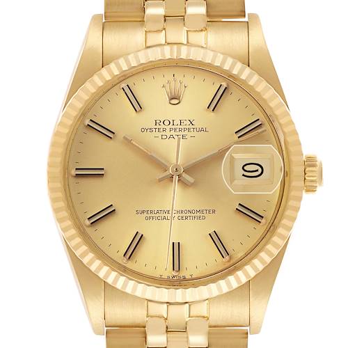 This image shows a frontal view of the Rolex Oyster Perpetual Date model, highlighting its dial, hands, crown, and date magnifier.