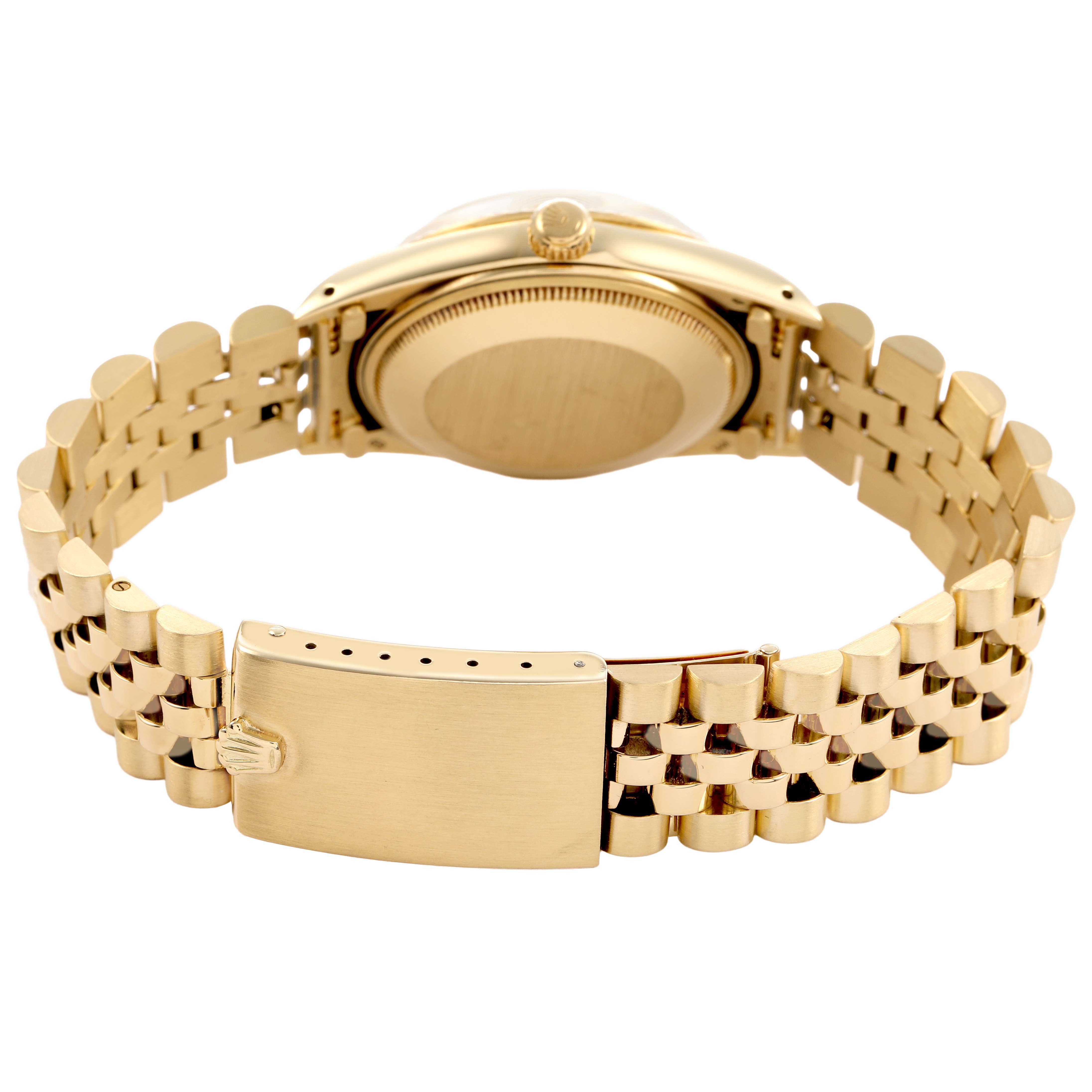 The image shows the back view of a Rolex Date 15037 Men's Yellow Gold Champagne Dial model watch, highlighting the bracelet, case back, and clasp.