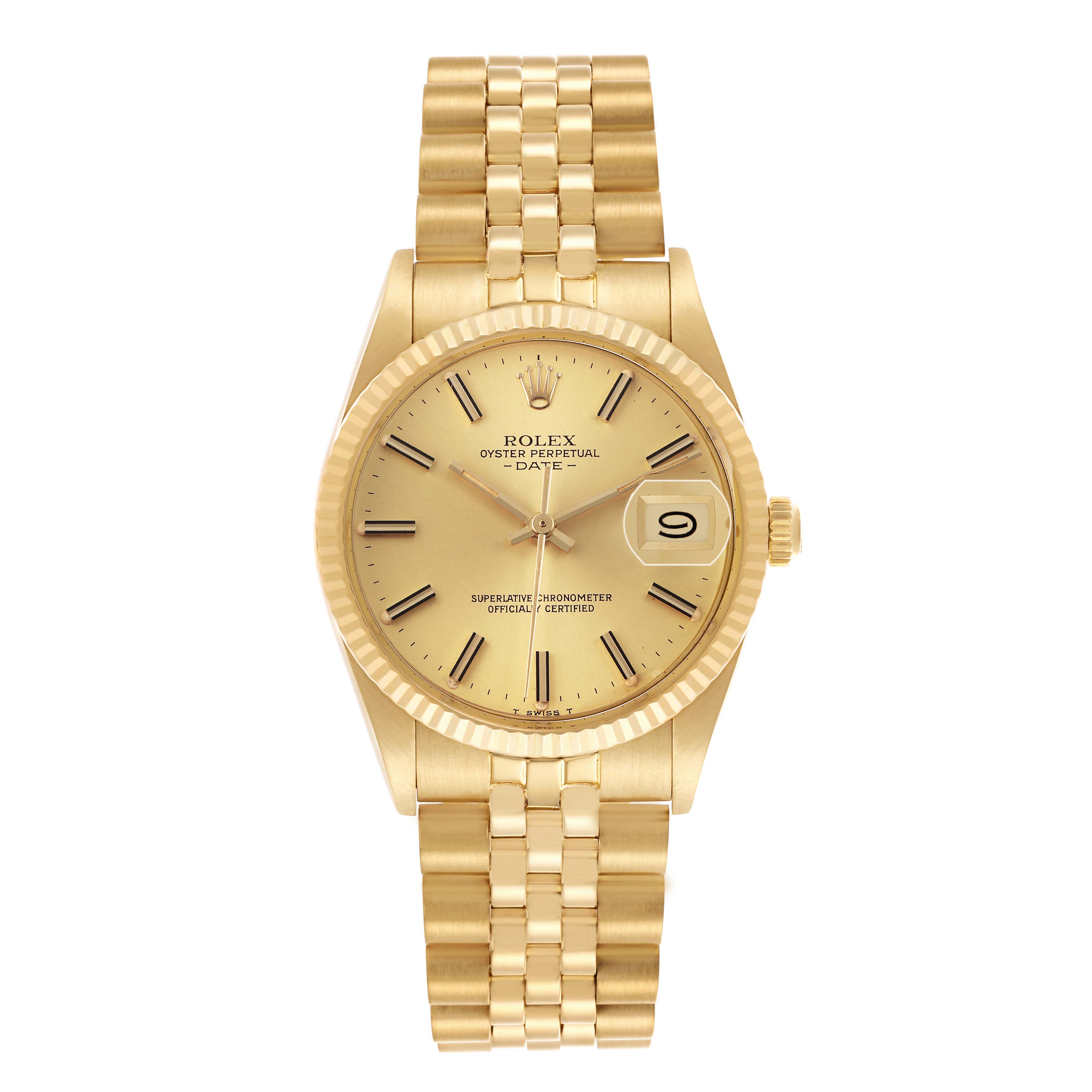 The Rolex Date 15037 Men's Yellow Gold Champagne Dial watch is shown from a top-down angle, displaying its dial, bezel, and bracelet.