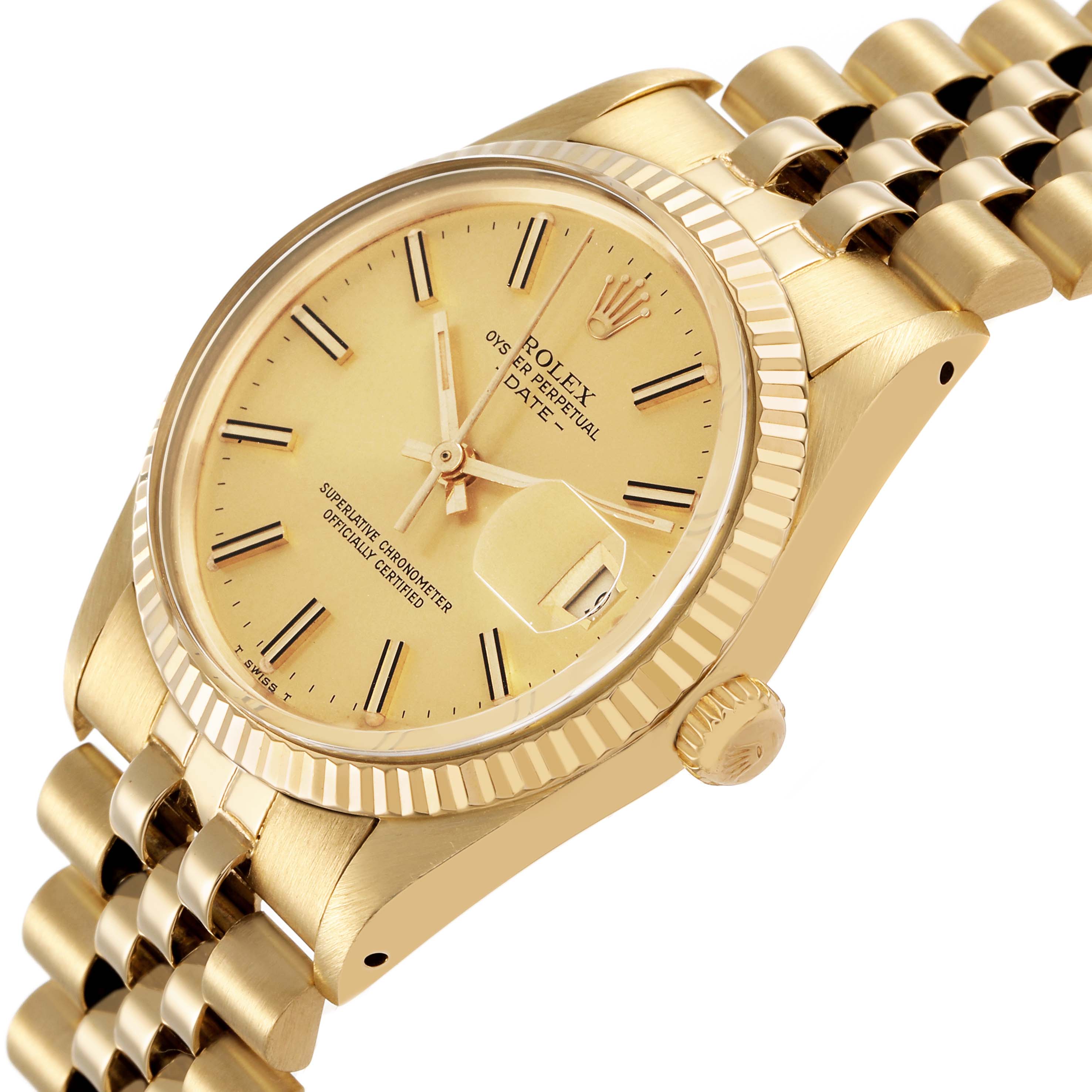 The Rolex Date 15037 Men's Yellow Gold Champagne Dial watch is shown at an angle highlighting the dial, bezel, crown, and part of the bracelet.