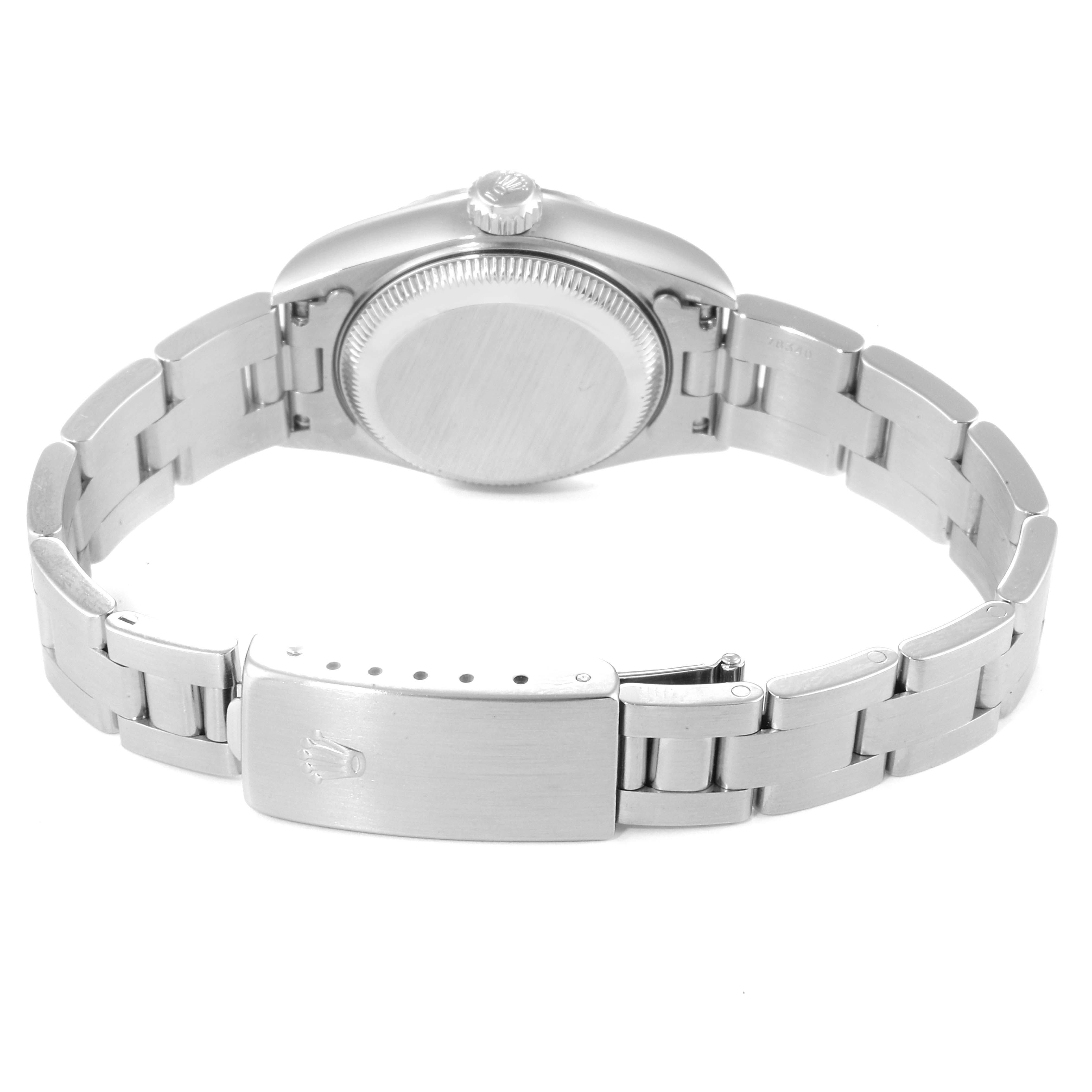 The image shows the back view of a Rolex Datejust 69174 Women's Stainless Steel Pink Dial 69174 Women's Stainless Steel Pink Dial watch, highlighting the case back, crown, and metal bracelet with a clasp.