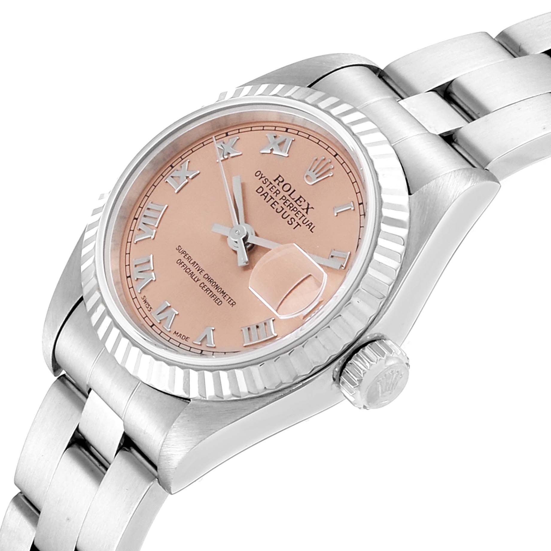 This image shows a side angle of a Rolex Datejust 69174 Women's Stainless Steel Pink Dial 69174 Women's Stainless Steel Pink Dial watch, highlighting its pink dial, fluted bezel, and stainless steel bracelet.