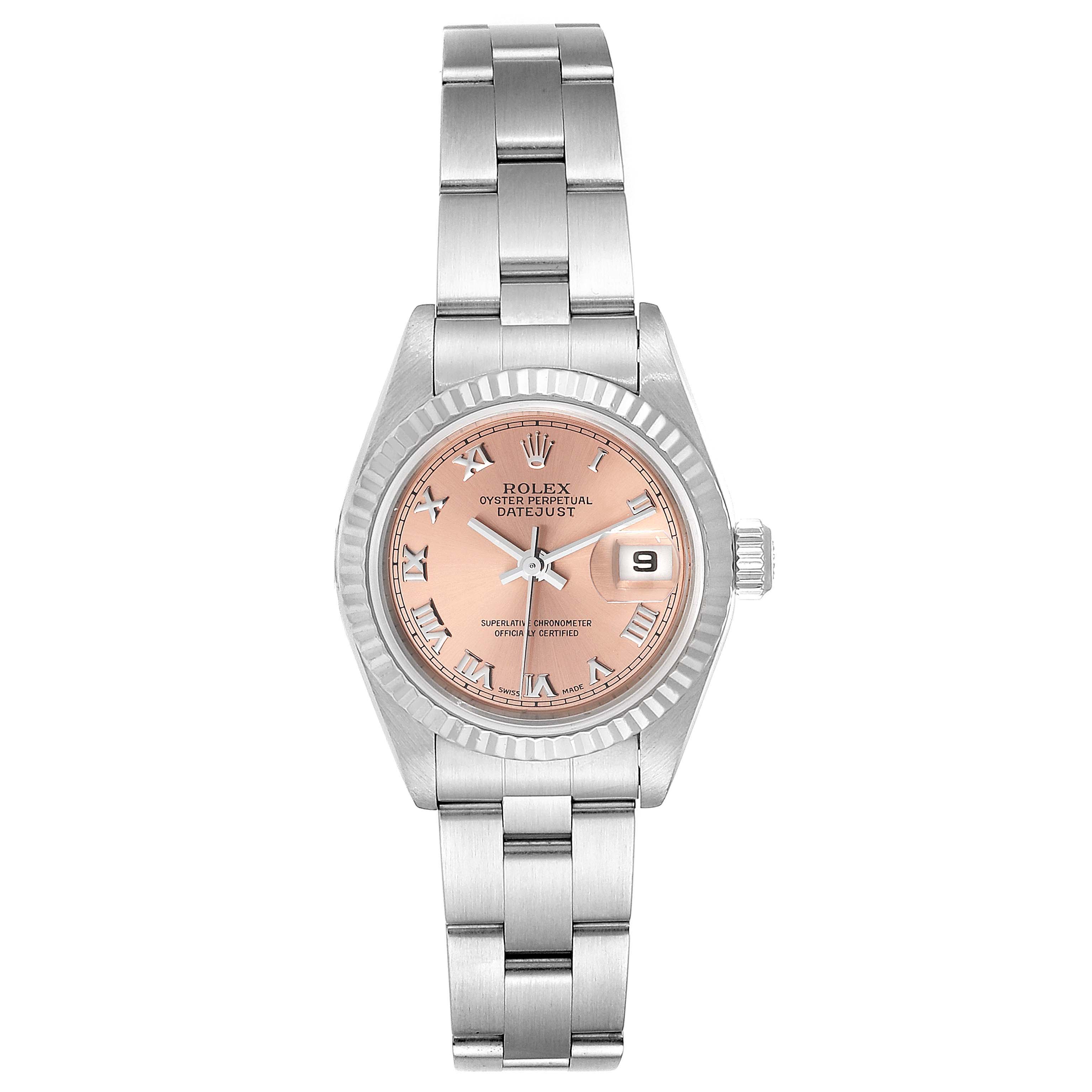 This image shows a Rolex Datejust 69174 Women's Stainless Steel Pink Dial 69174 Women's Stainless Steel Pink Dial watch from the front, displaying the face, bezel, case, crown, and bracelet.