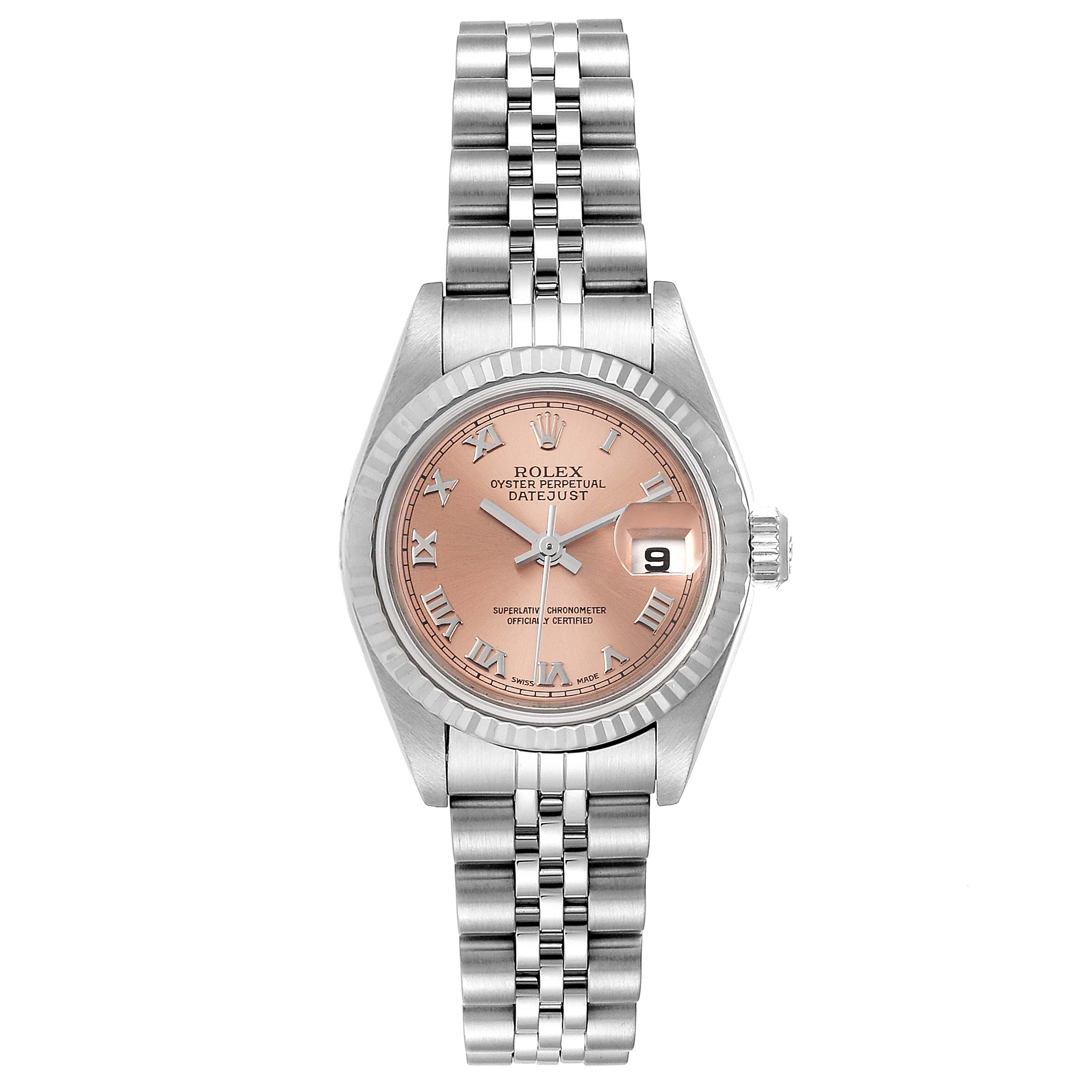 The image shows a Rolex Datejust 79174 Women's Stainless Steel Pink Dial 79174 Women's Stainless Steel Pink Dial watch from a front view, including its dial, bezel, and jubilee bracelet.