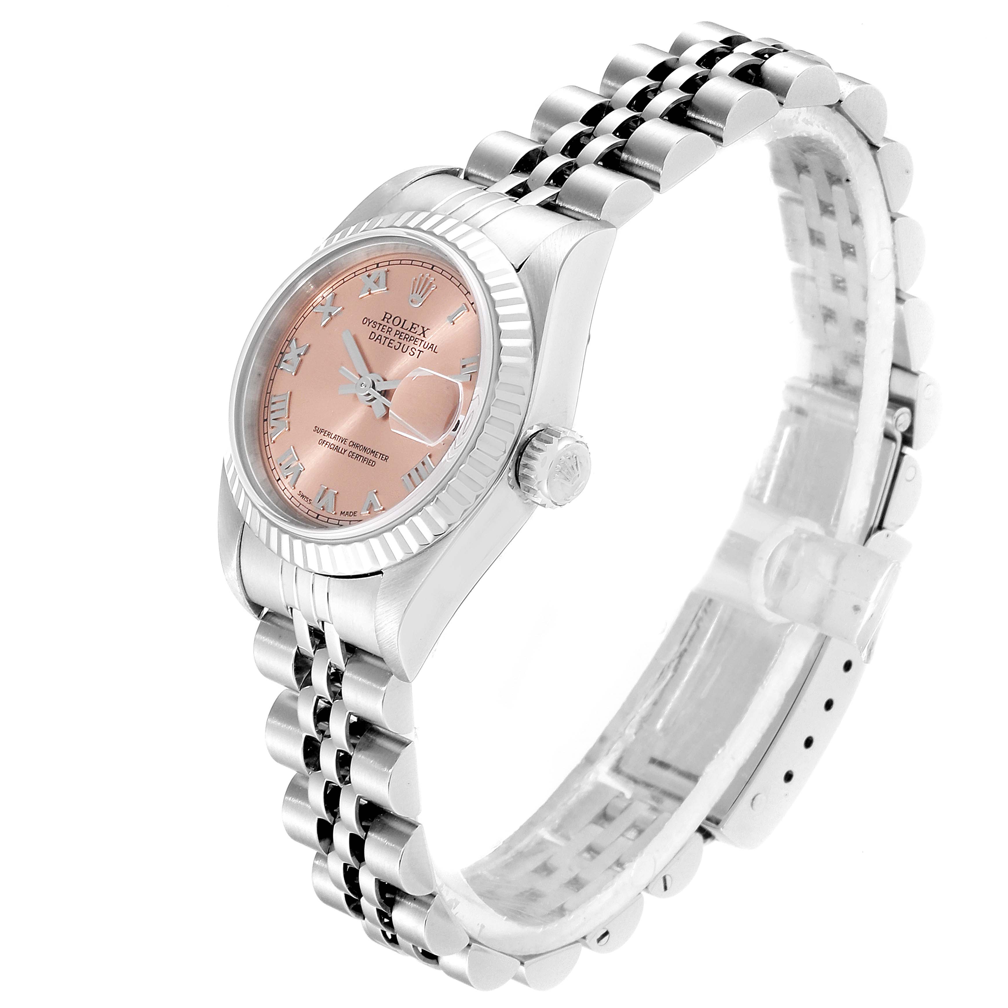 The image shows a Rolex Datejust 79174 Women's Stainless Steel Pink Dial 79174 Women's Stainless Steel Pink Dial watch from an angled side view highlighting the case, crown, dial, and bracelet.
