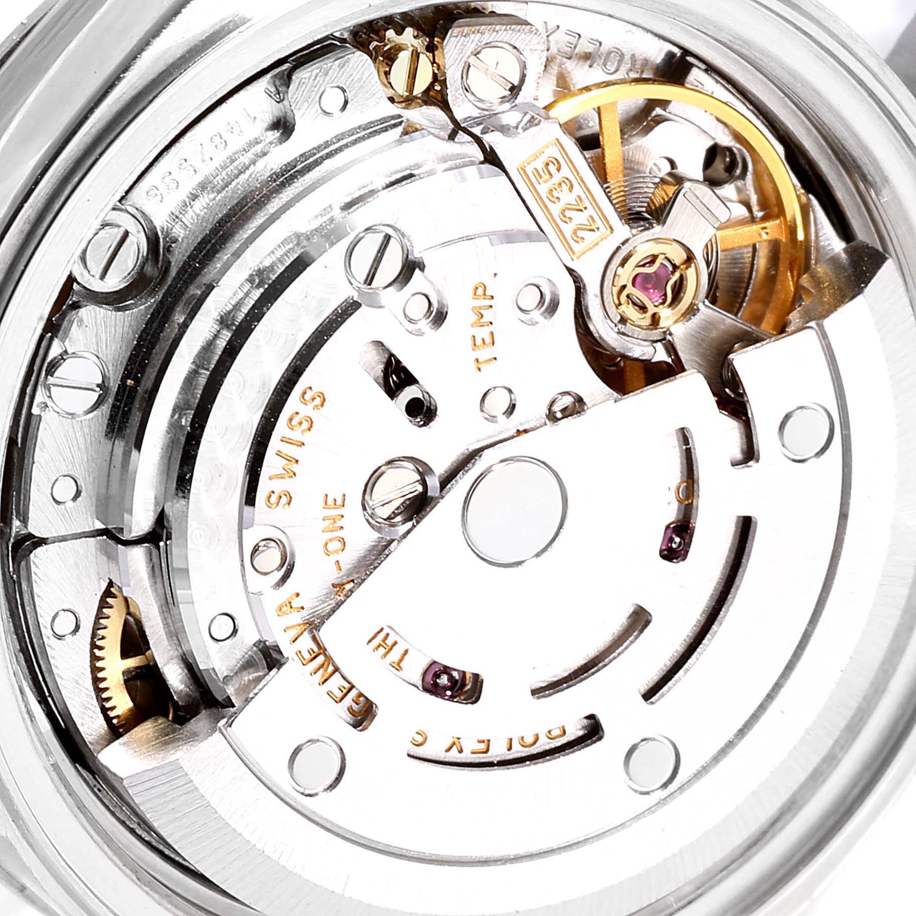 The image shows a close-up view of the movement mechanism of a Rolex Datejust 79174 Women's Stainless Steel Pink Dial 79174 Women's Stainless Steel Pink Dial watch.