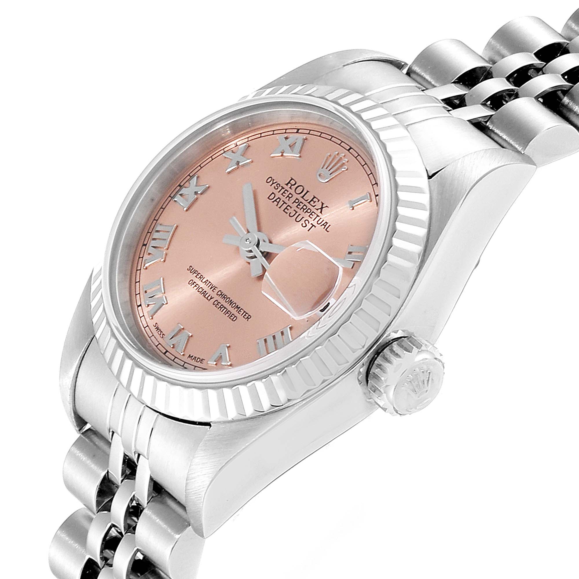 This image shows a Rolex Datejust 79174 Women's Stainless Steel Pink Dial 79174 Women's Stainless Steel Pink Dial watch from an angled view, highlighting the dial, bezel, crown, and part of the bracelet.