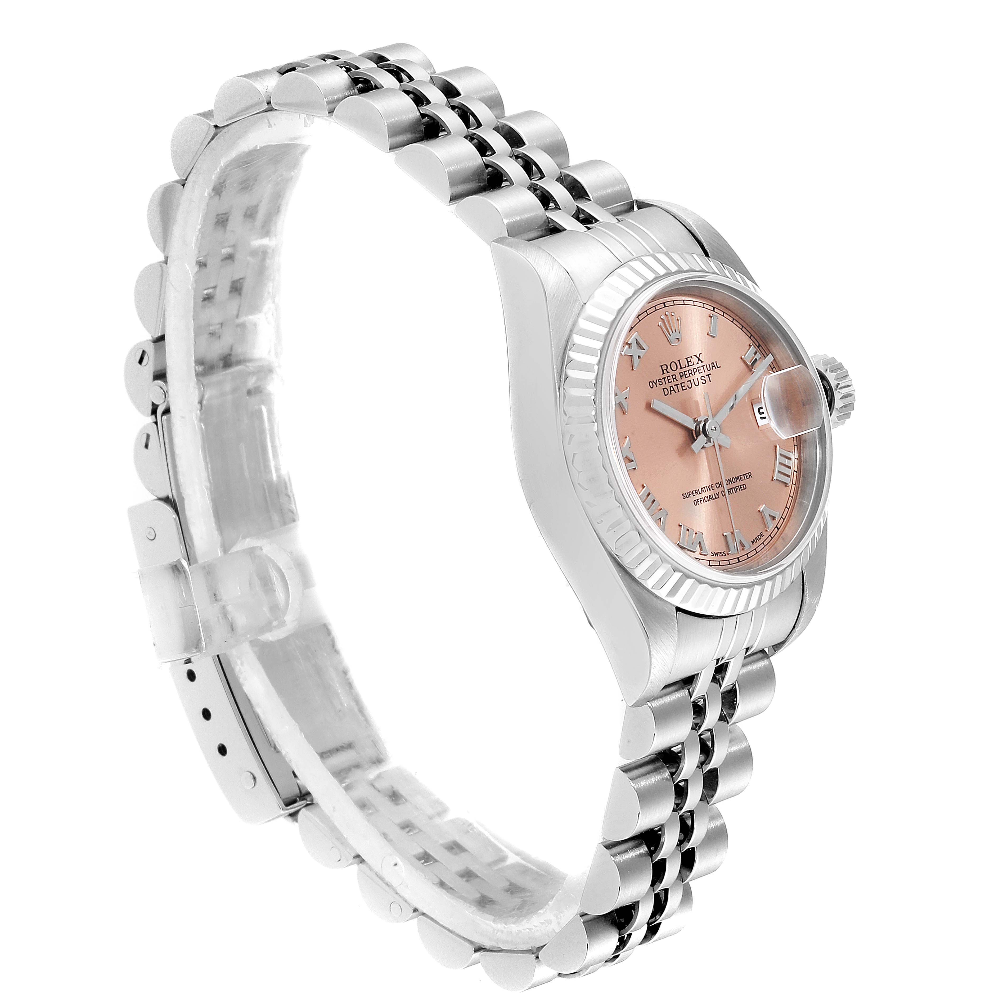 This image shows a Rolex Datejust 79174 Women's Stainless Steel Pink Dial 79174 Women's Stainless Steel Pink Dial watch at a three-quarter angle, highlighting the bracelet, case, and pink dial.