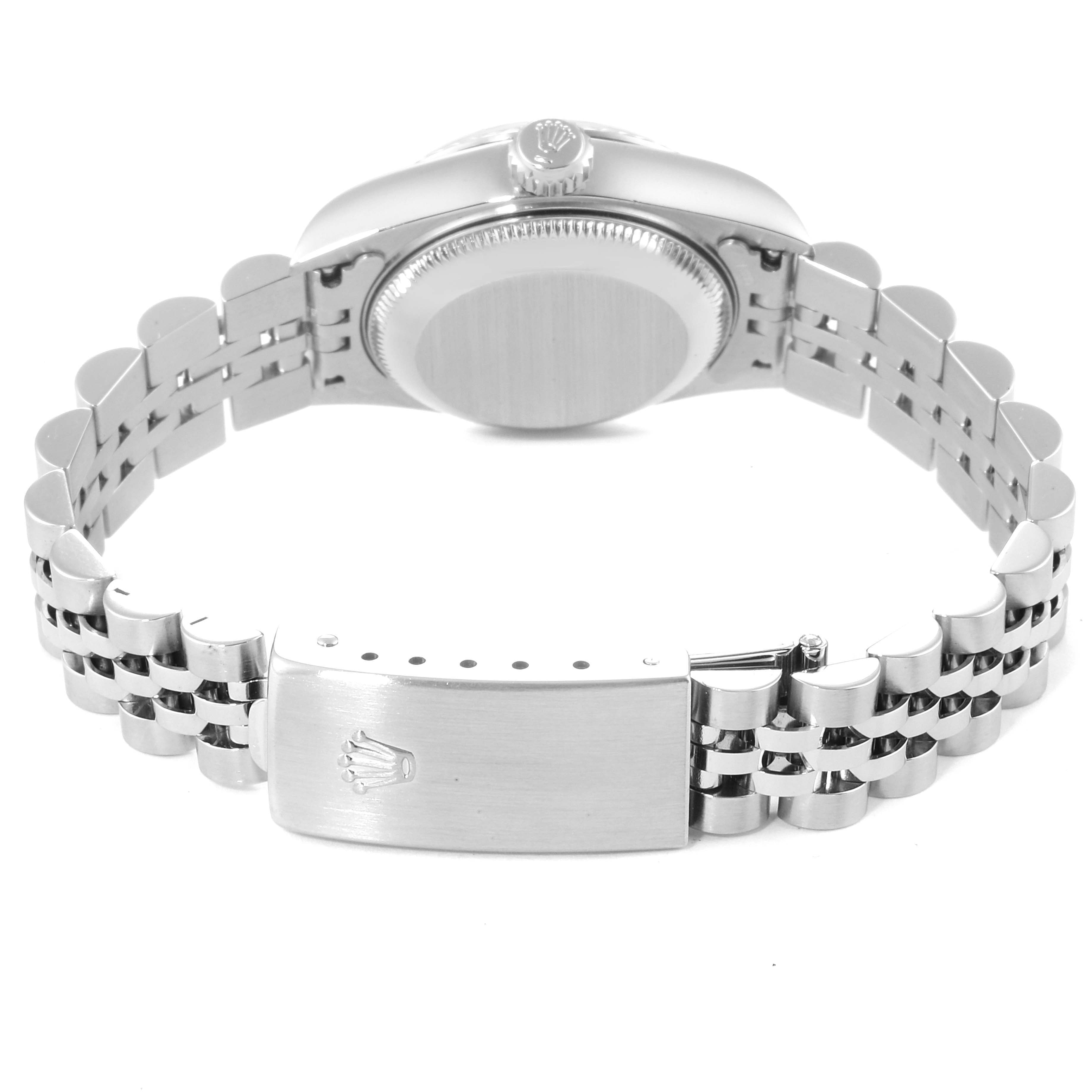 This image shows the back view of the Rolex Datejust 79174 Women's Stainless Steel Pink Dial 79174 Women's Stainless Steel Pink Dial watch, highlighting the bracelet and clasp.