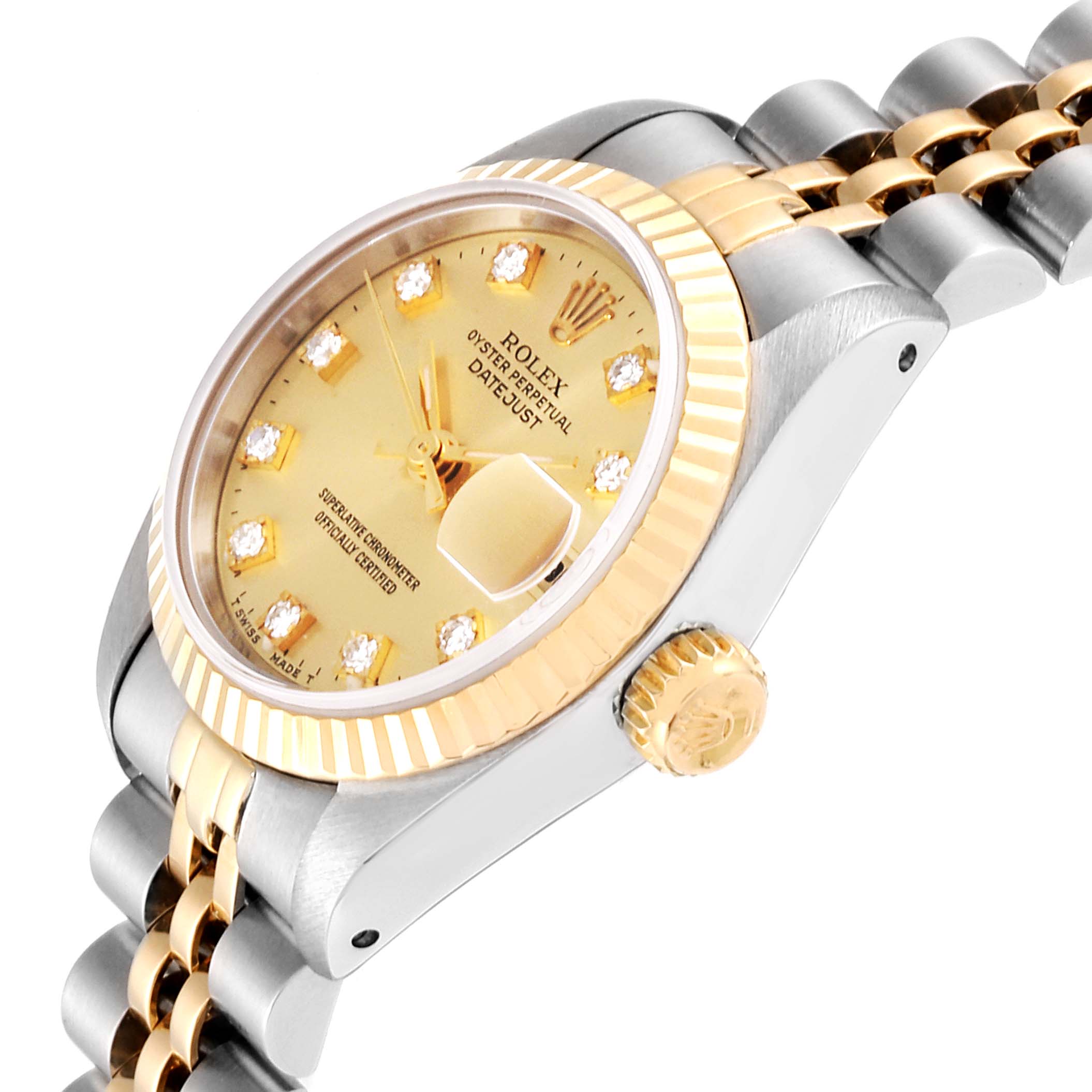 This image shows a side view of a Rolex Datejust 69173 Women
s Steel and Gold (two tone) Champagne Dial 69173 Women
s Steel and Gold (two tone) Champagne Dial watch, highlighting the crown, dial, and Jubilee bracelet.