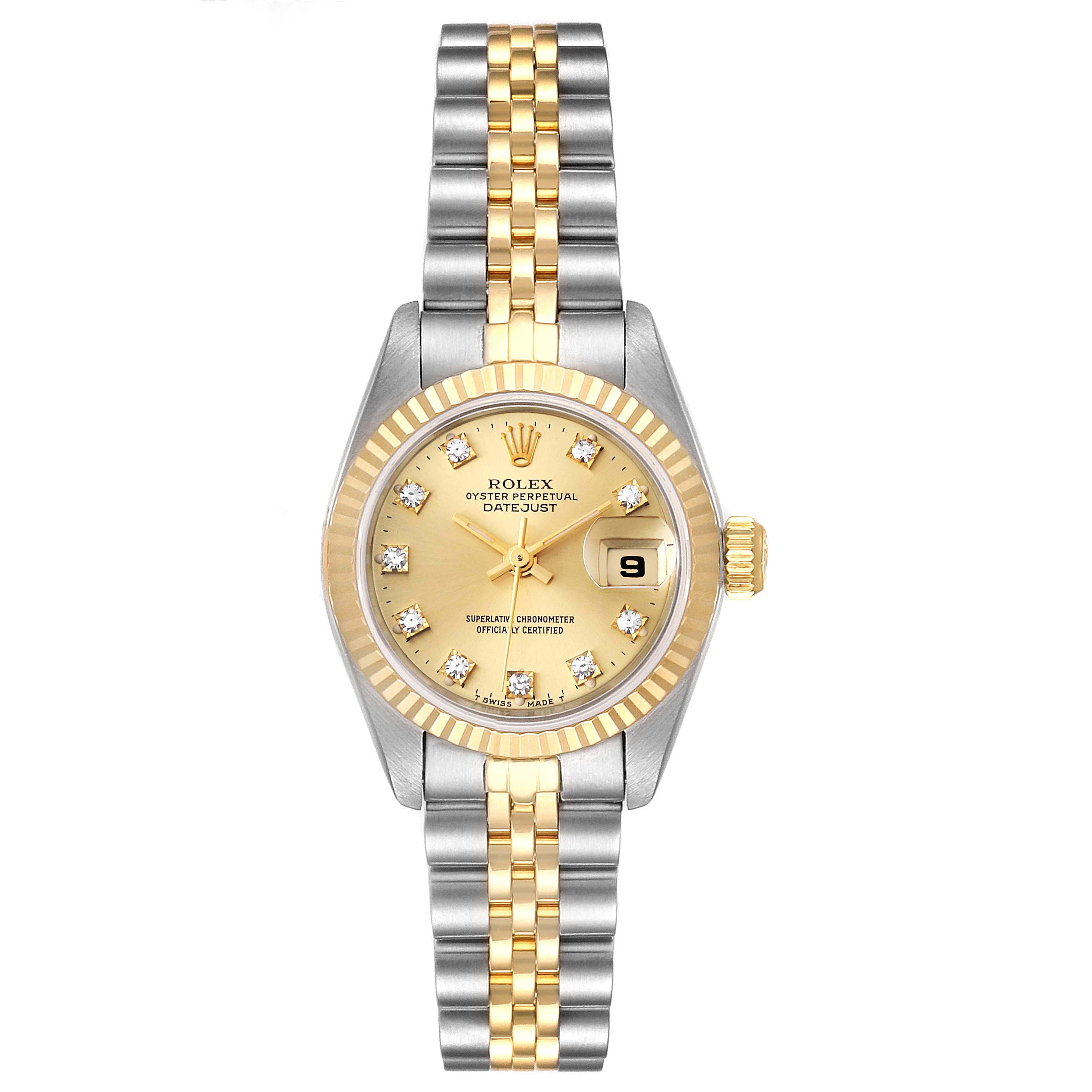 This image shows a front view of a Rolex Datejust 69173 Women
s Steel and Gold (two tone) Champagne Dial 69173 Women
s Steel and Gold (two tone) Champagne Dial model with a gold and silver jubilee bracelet.