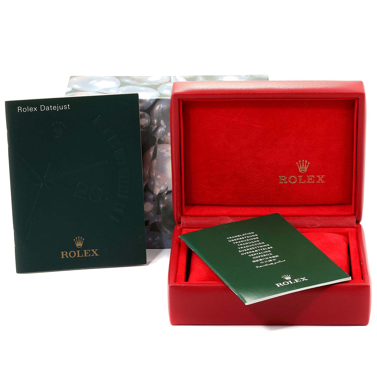 The image shows a Rolex Datejust 69173 Women
s Steel and Gold (two tone) Champagne Dial 69173 Women
s Steel and Gold (two tone) Champagne Dial watch box, an outer cover, and accompanying booklets.