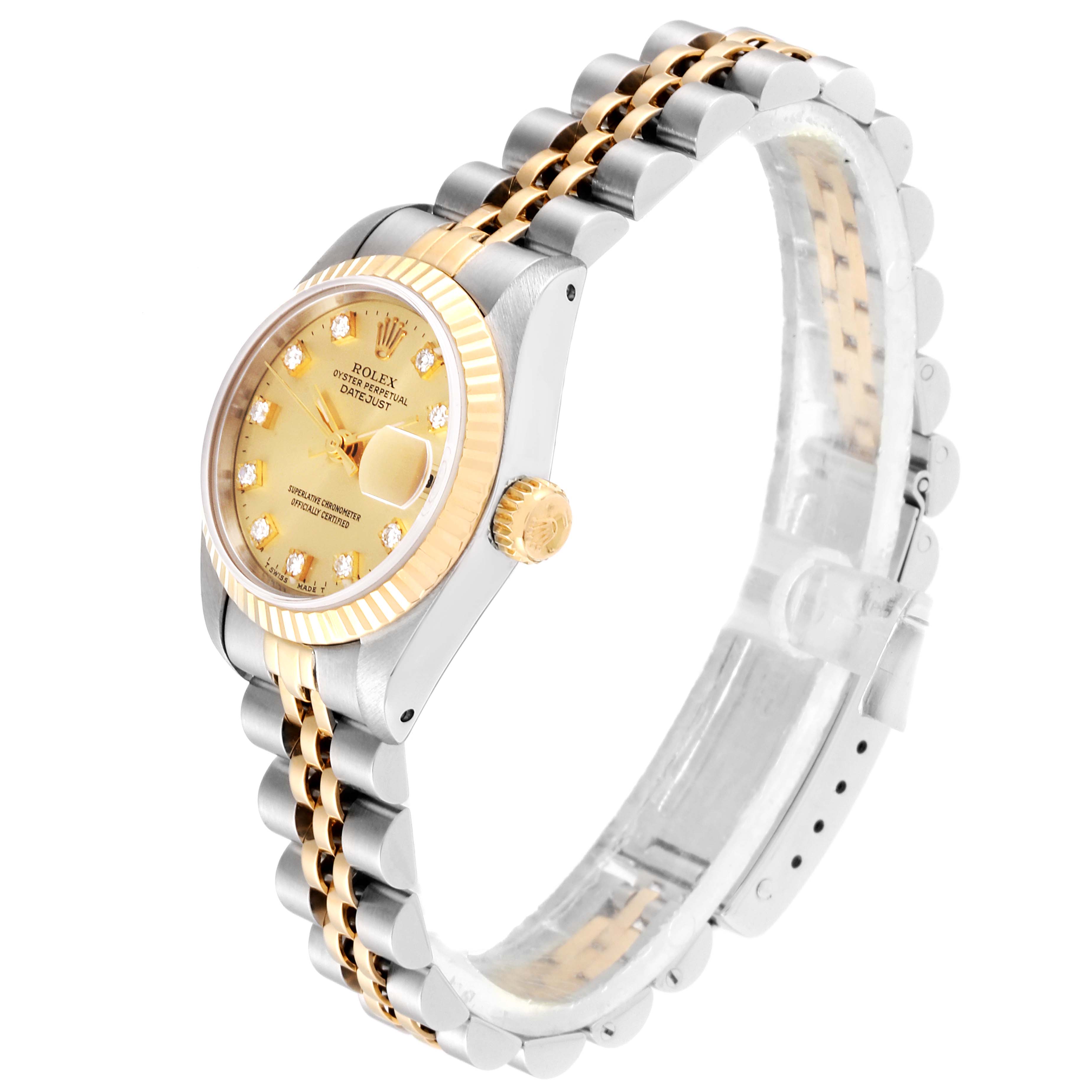 The Rolex Datejust 69173 Women
s Steel and Gold (two tone) Champagne Dial 69173 Women
s Steel and Gold (two tone) Champagne Dial watch is shown at an angle highlighting the dial, crown, and two-tone bracelet.