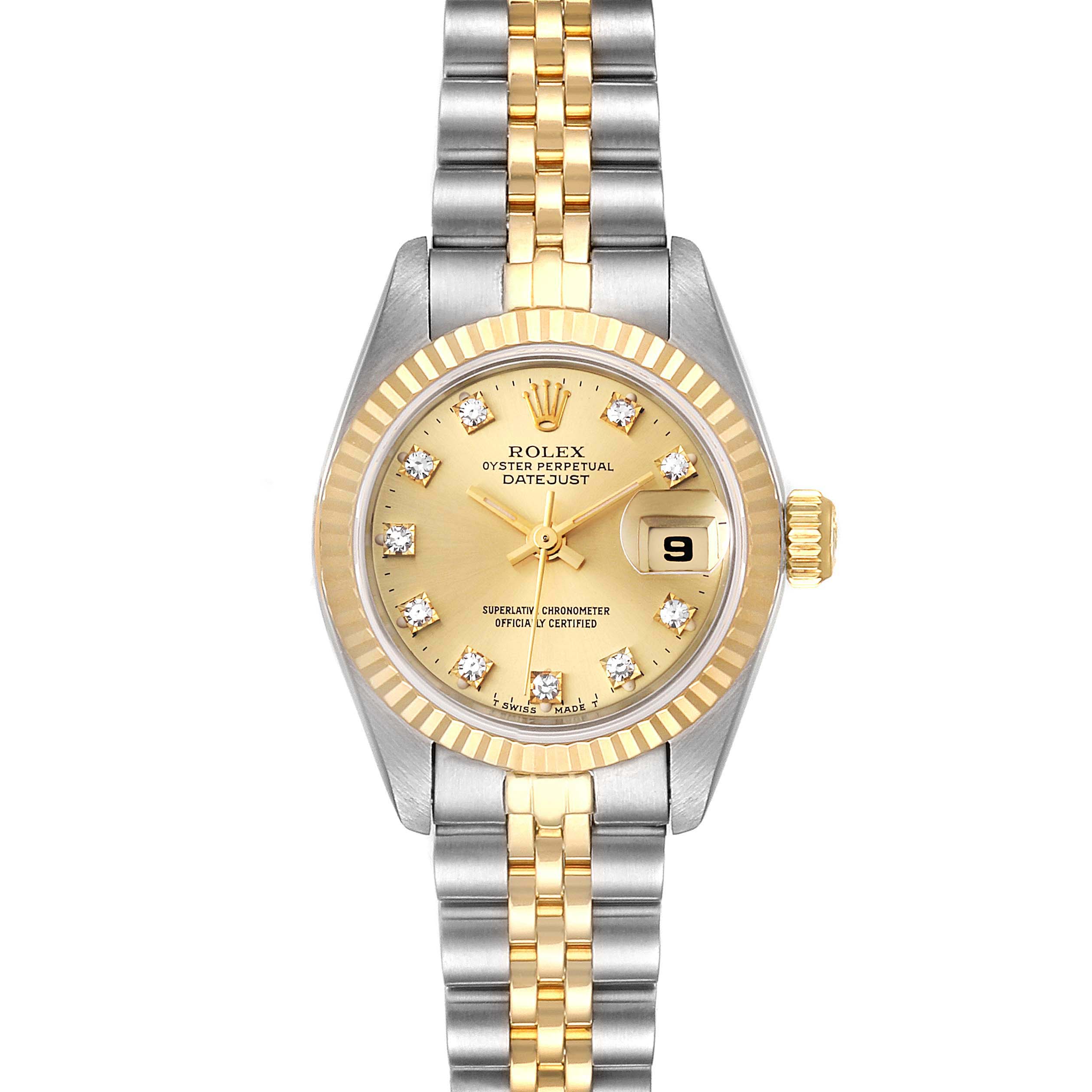 The image shows a front view of the Rolex Datejust 69173 Women
s Steel and Gold (two tone) Champagne Dial 69173 Women
s Steel and Gold (two tone) Champagne Dial watch, displaying its face, bezel, crown, and two-tone bracelet.