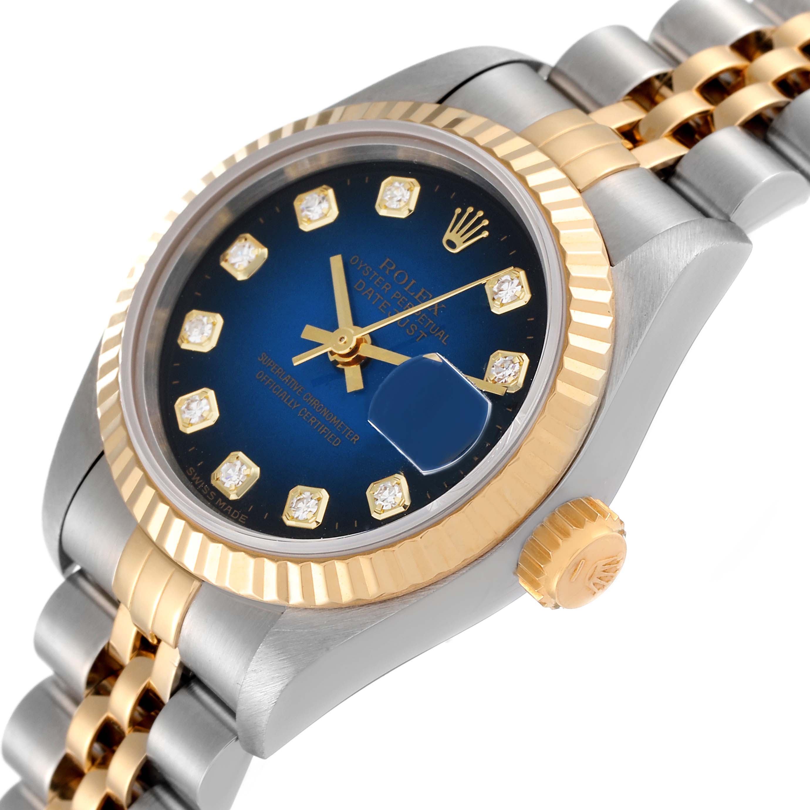 This is an angled close-up view of a Rolex Datejust 69173 Women's Steel and Gold (two tone) Blue Dial 69173 Women's Steel and Gold (two tone) Blue Dial watch showing the dial, bezel, crown, and part of the bracelet.