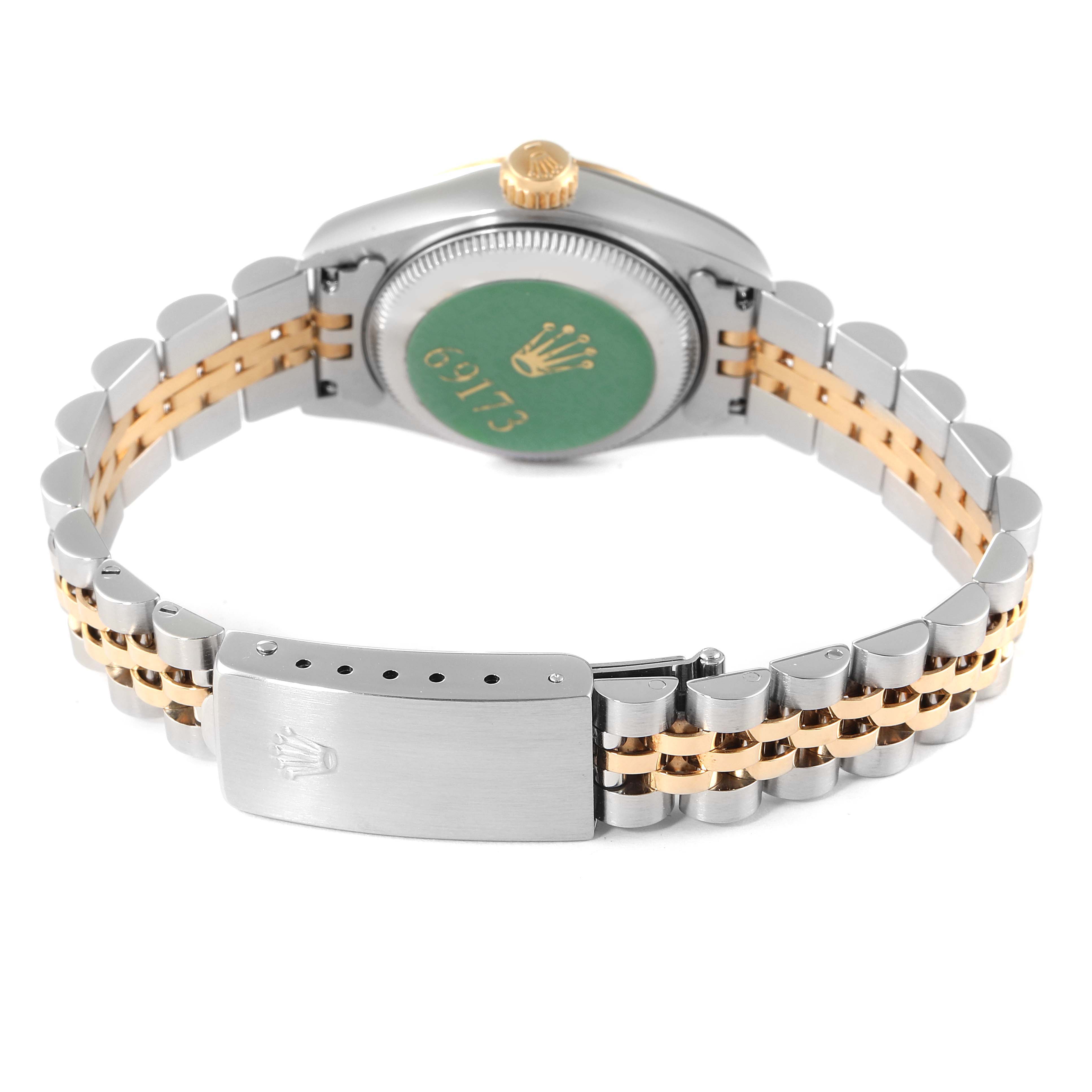 This image shows the back of a Rolex Datejust 69173 Women's Steel and Gold (two tone) Blue Dial 69173 Women's Steel and Gold (two tone) Blue Dial watch, highlighting its case back, crown, and two-tone bracelet with clasp.