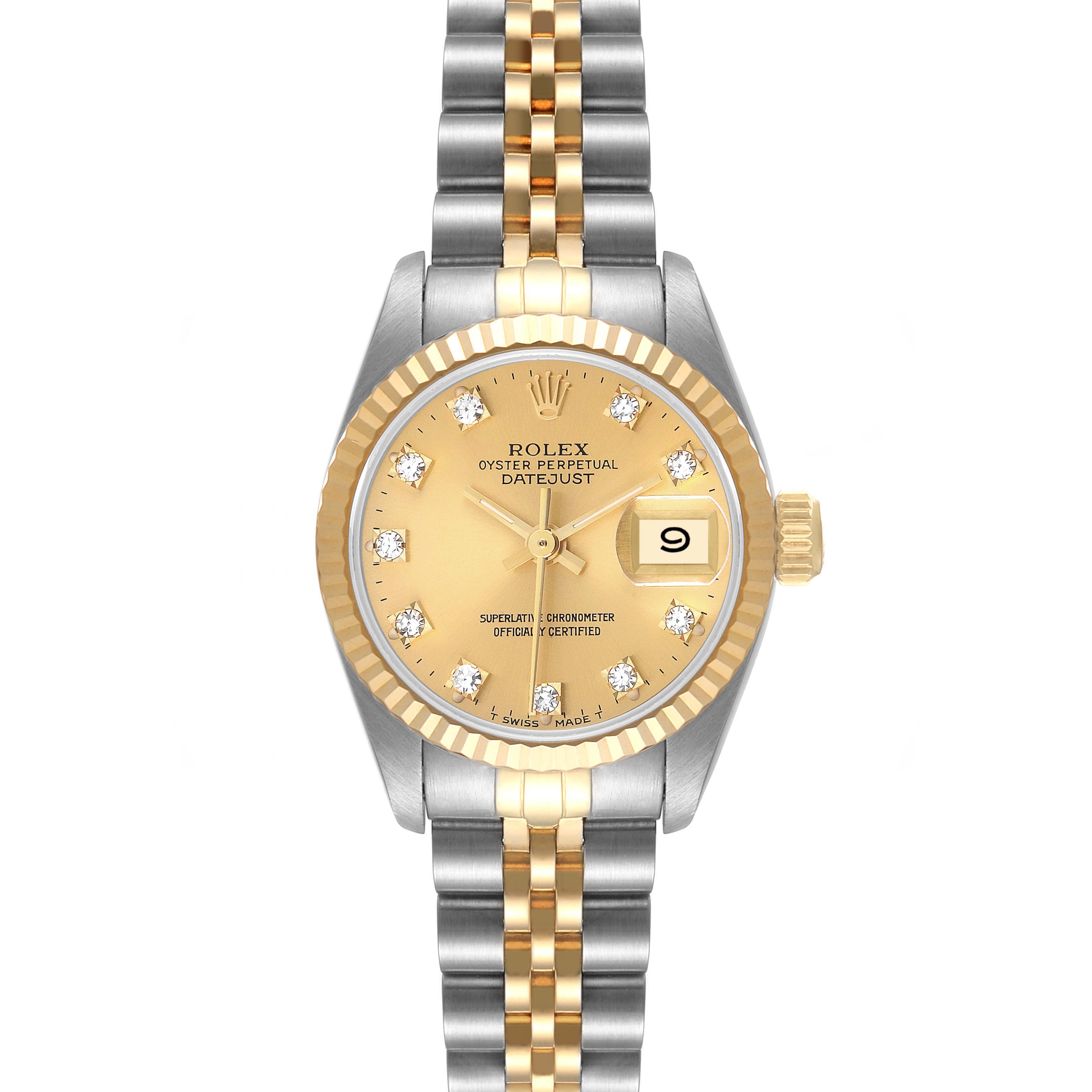 The image shows a front view of a Rolex Datejust 69173 Women
s Steel and Gold (two tone) Champagne Dial 69173 Women
s Steel and Gold (two tone) Champagne Dial watch, displaying the dial, bezel, case, and bracelet.