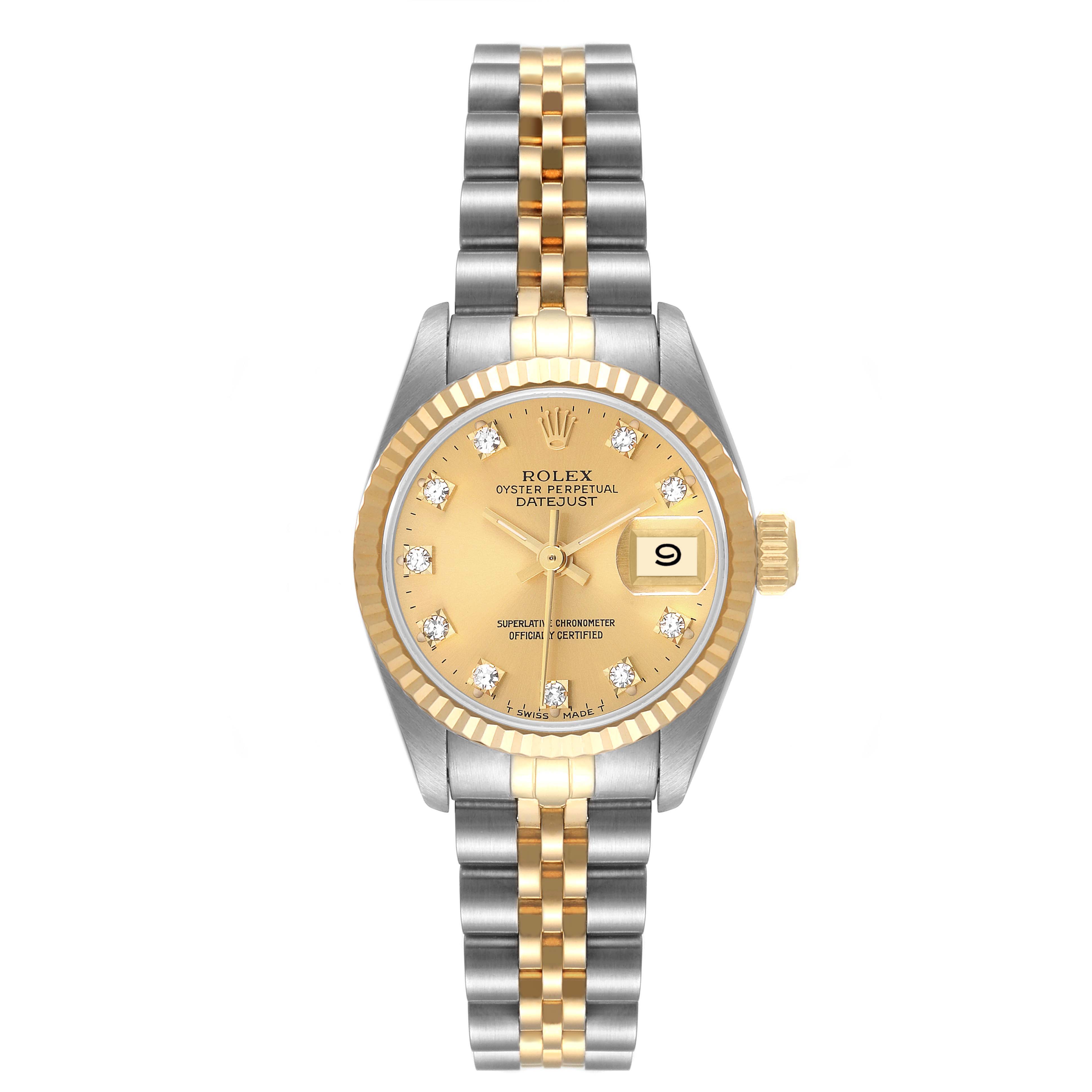 The image shows a front view of the Rolex Datejust 69173 Women
s Steel and Gold (two tone) Champagne Dial 69173 Women
s Steel and Gold (two tone) Champagne Dial watch, highlighting its bracelet, bezel, dial, and date window.
