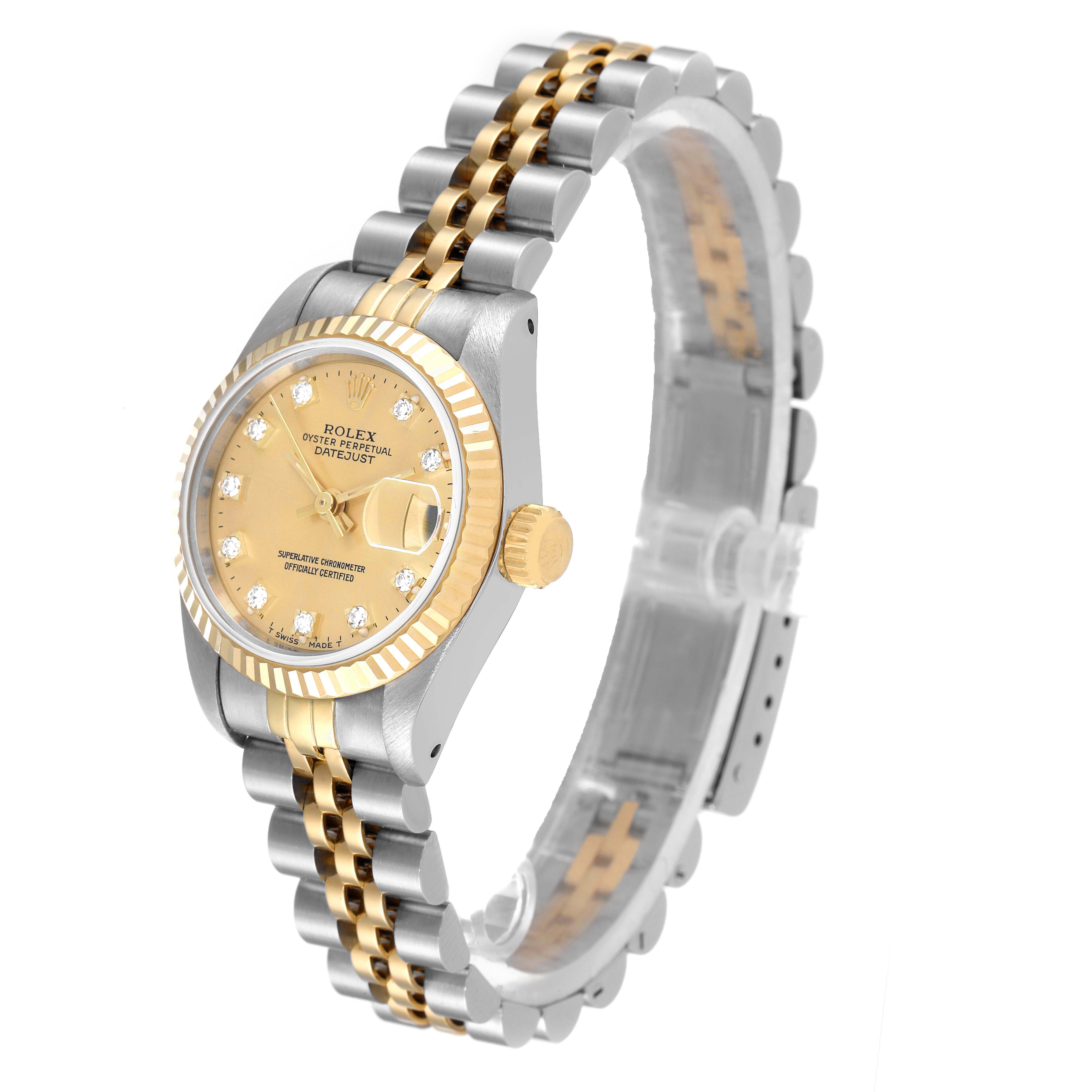 The image shows a Rolex Datejust 69173 Women
s Steel and Gold (two tone) Champagne Dial 69173 Women
s Steel and Gold (two tone) Champagne Dial watch angled to display its face, crown, and two-tone jubilee bracelet.