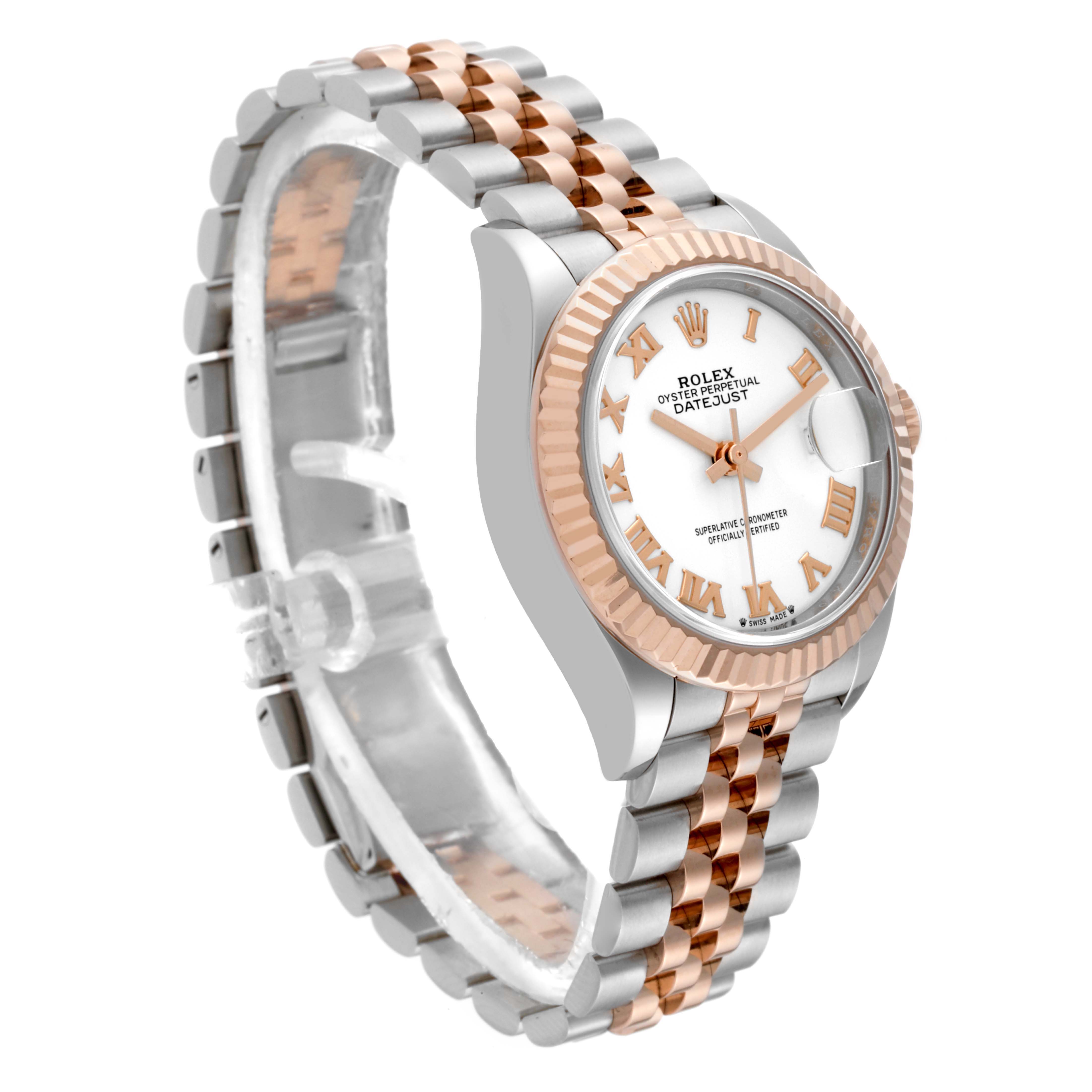 This image shows a side angle of a Rolex Datejust 279171 Women's Steel and Gold (two tone) White Dial 279171 Women's Steel and Gold (two tone) White Dial watch, highlighting its two-tone bracelet, fluted bezel, and white dial with Roman numerals.