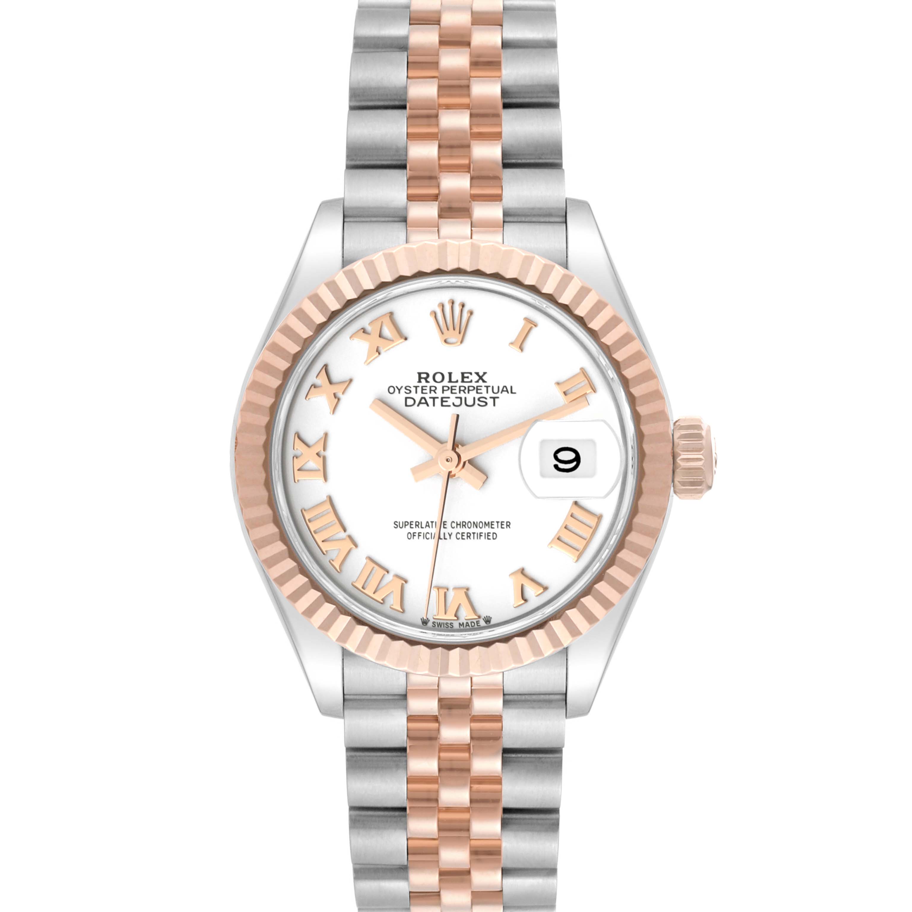 The image shows a Rolex Datejust 279171 Women's Steel and Gold (two tone) White Dial 279171 Women's Steel and Gold (two tone) White Dial watch from a front view, highlighting its dial, bezel, and bracelet.