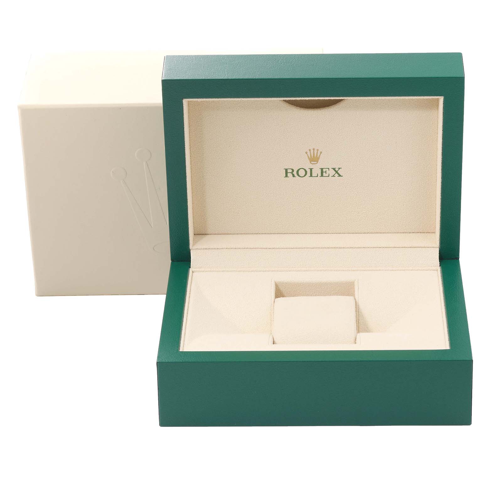 The image shows an open Rolex Datejust 279171 Women's Steel and Gold (two tone) White Dial 279171 Women's Steel and Gold (two tone) White Dial watch box, displaying the interior with a cushion slot for the watch.