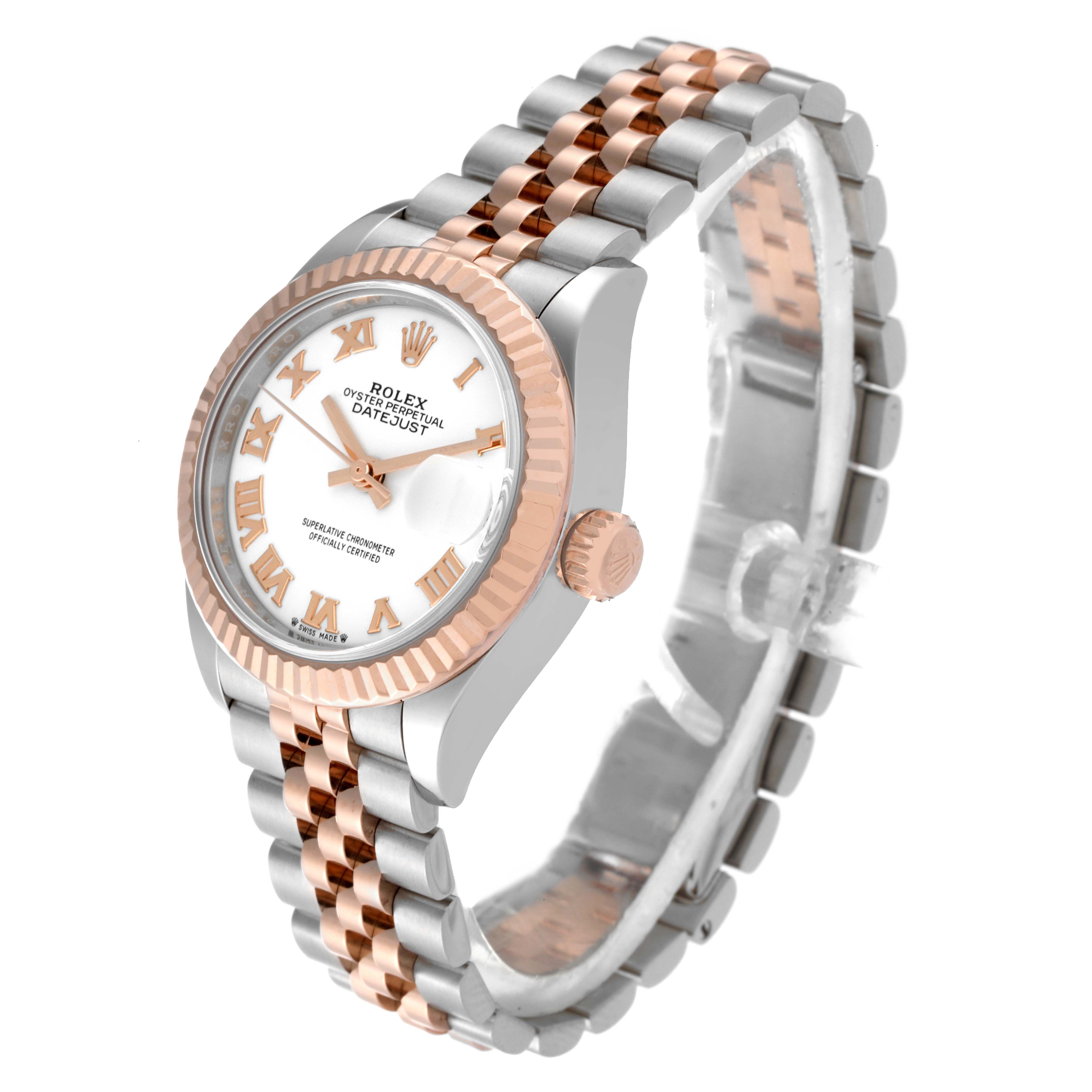The Rolex Datejust 279171 Women's Steel and Gold (two tone) White Dial 279171 Women's Steel and Gold (two tone) White Dial watch is shown at a slight angle, displaying the face, bezel, crown, and part of the bracelet.