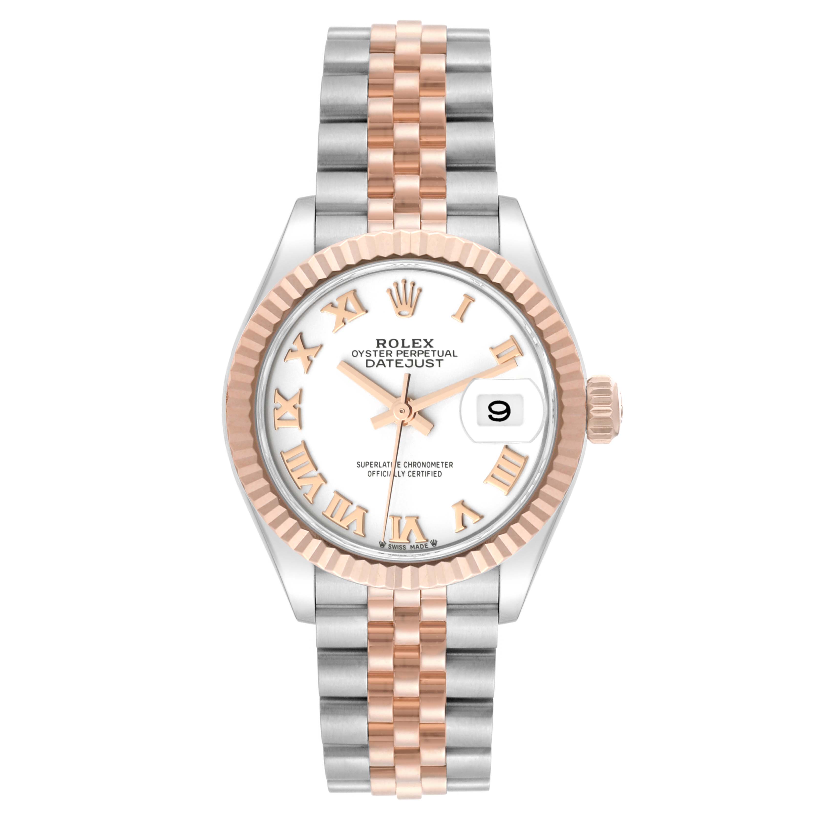 This image shows a front view of the Rolex Datejust 279171 Women's Steel and Gold (two tone) White Dial 279171 Women's Steel and Gold (two tone) White Dial watch, highlighting its dial, bezel, and two-tone bracelet.