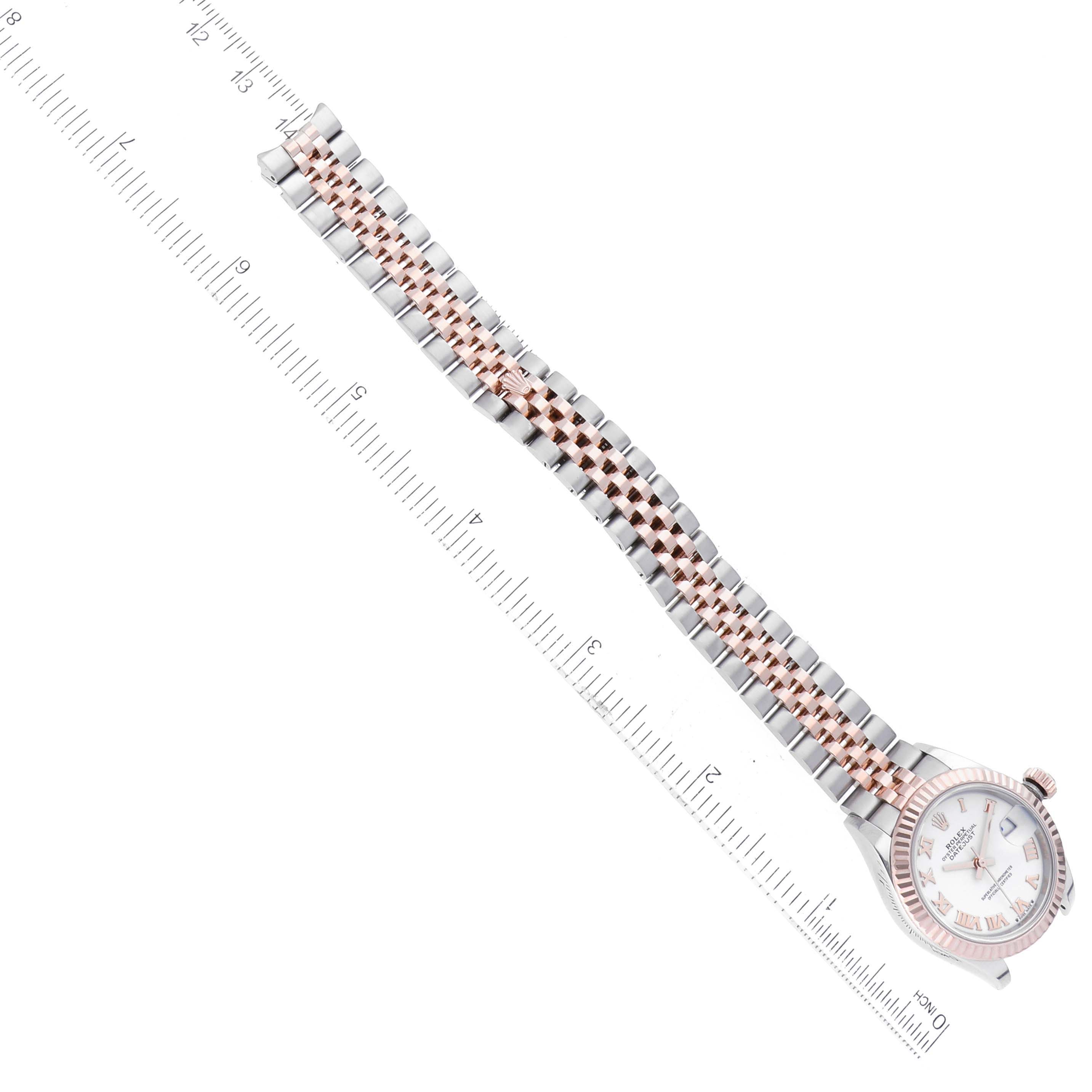 The image shows a Rolex Datejust 279171 Women's Steel and Gold (two tone) White Dial 279171 Women's Steel and Gold (two tone) White Dial watch at an angle with the strap fully extended alongside a ruler for measurement.