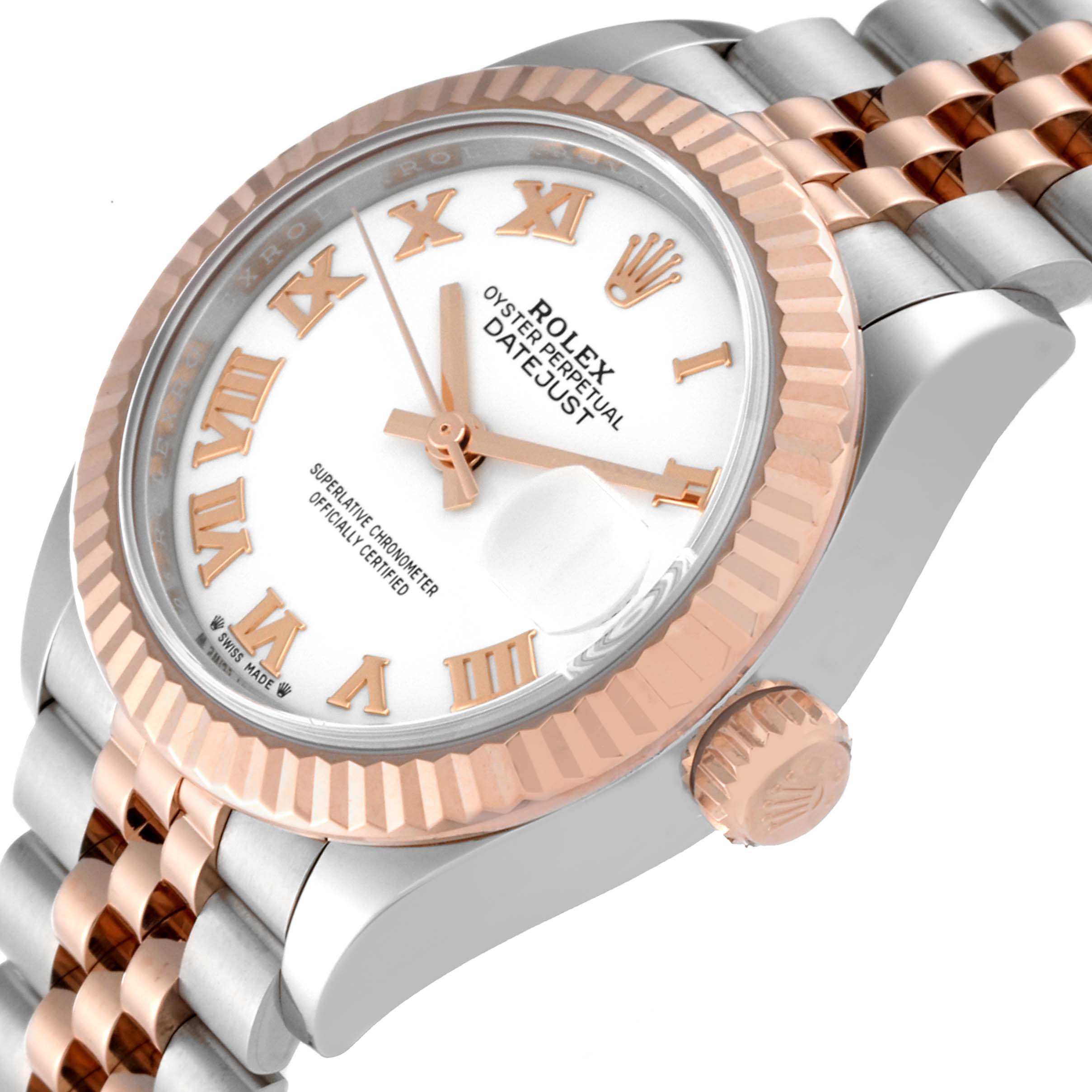 The Rolex Datejust 279171 Women's Steel and Gold (two tone) White Dial 279171 Women's Steel and Gold (two tone) White Dial watch is shown at an angle highlighting the face, bezel, crown, and part of the bracelet.