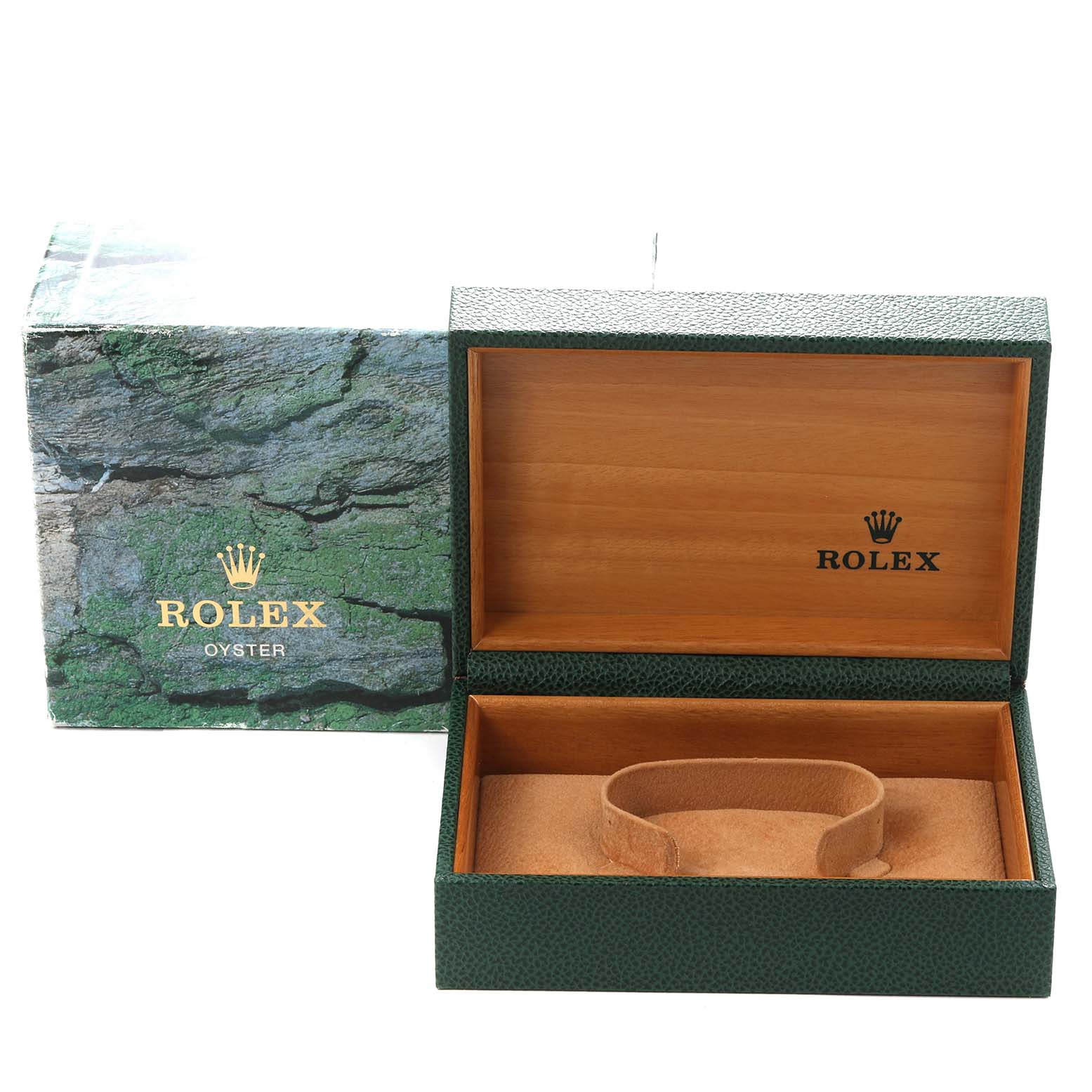 The image shows an open Rolex Oyster watch box and outer box for a Mid-Size model, revealing the interior design.