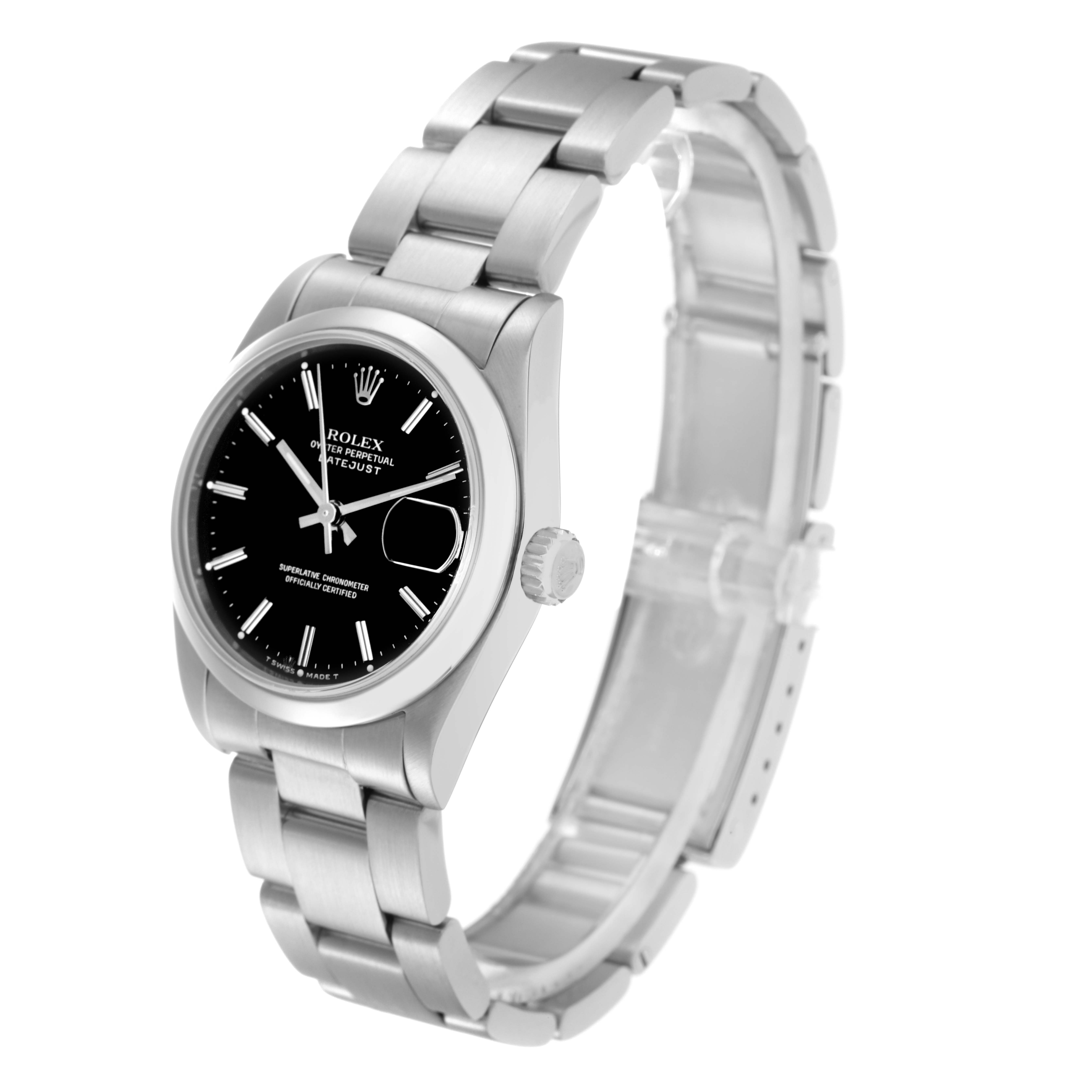 The Rolex Mid-Size 78240 Women
s Stainless Steel Black Dial 78240 Women
s Stainless Steel Black Dial watch is shown at a slight angle, displaying the face, bracelet, and crown.